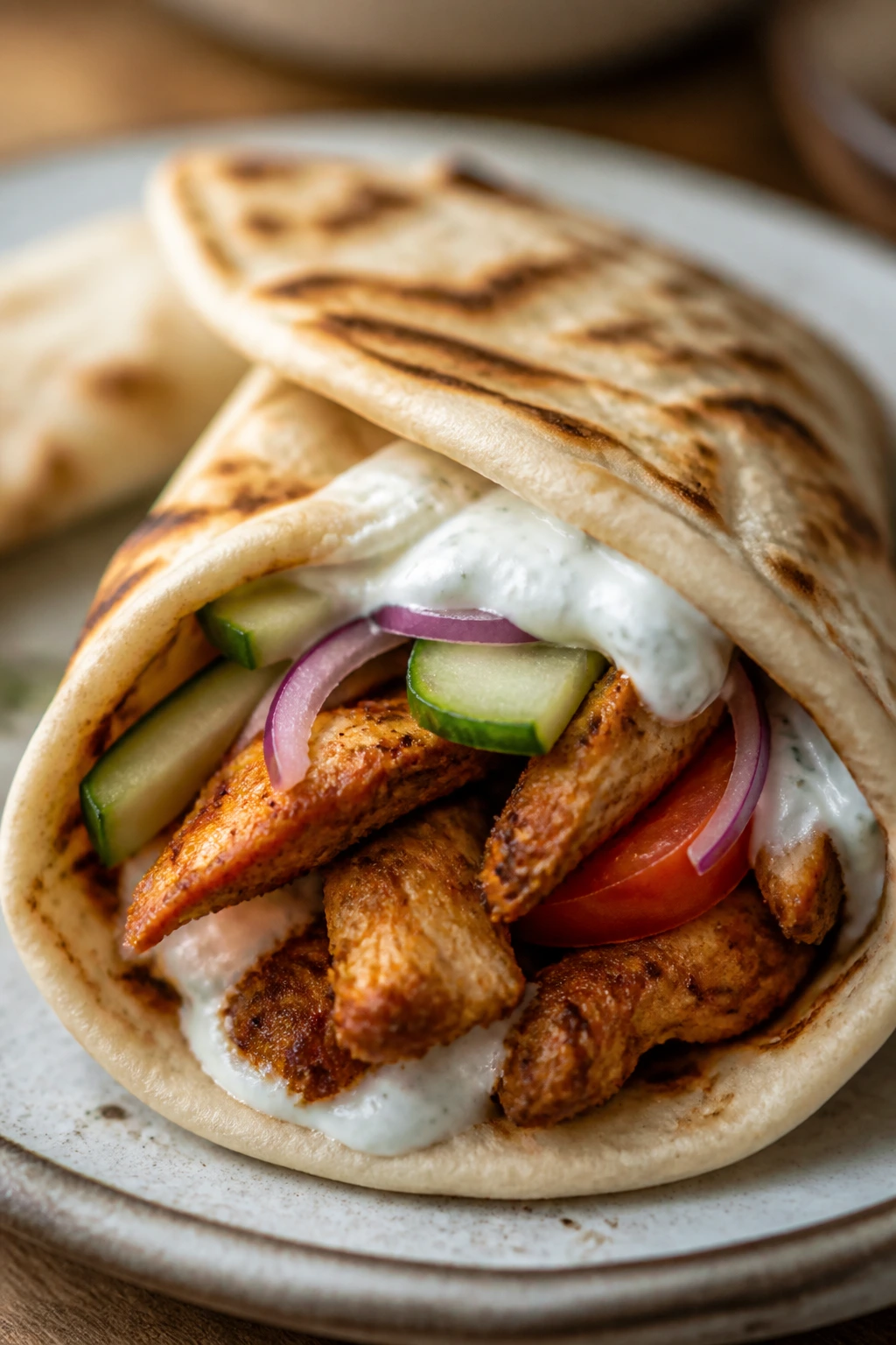 Close-up of Chicken Shawarma Flatbreads with spiced chicken and fresh toppings