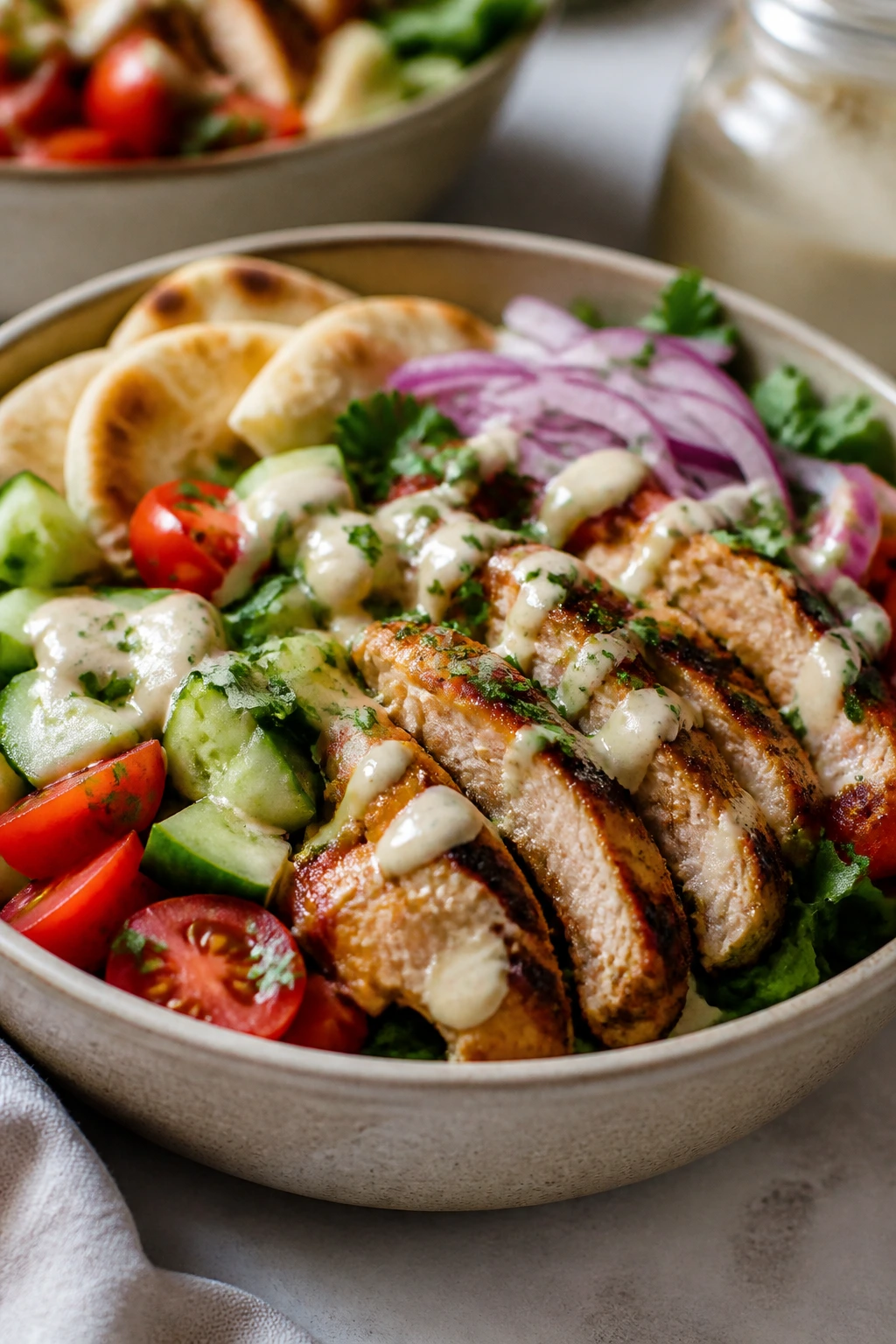 Close-up of chicken shawarma pita bowls with veggies and tahini