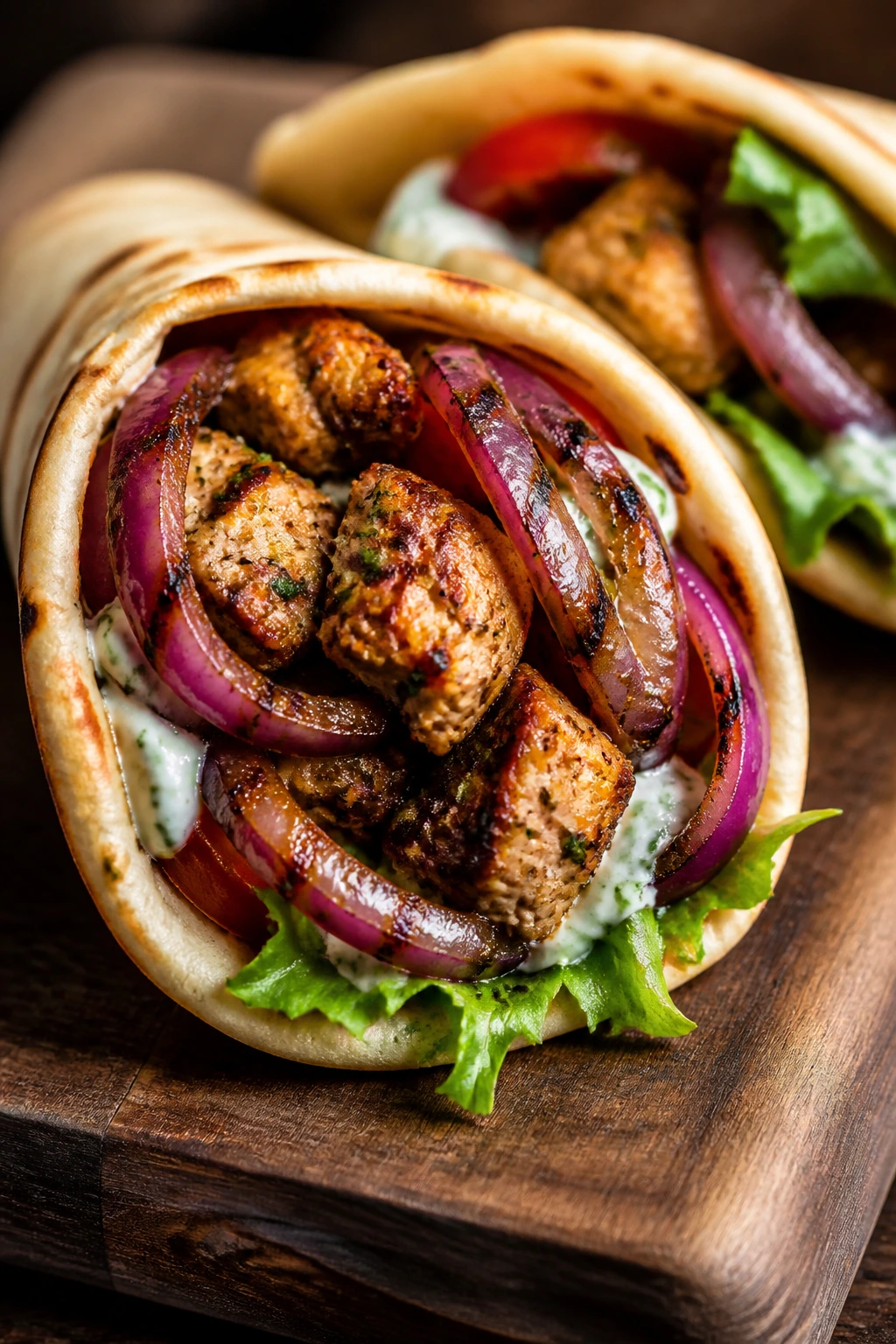 Chicken shawarma pita with grilled red onion