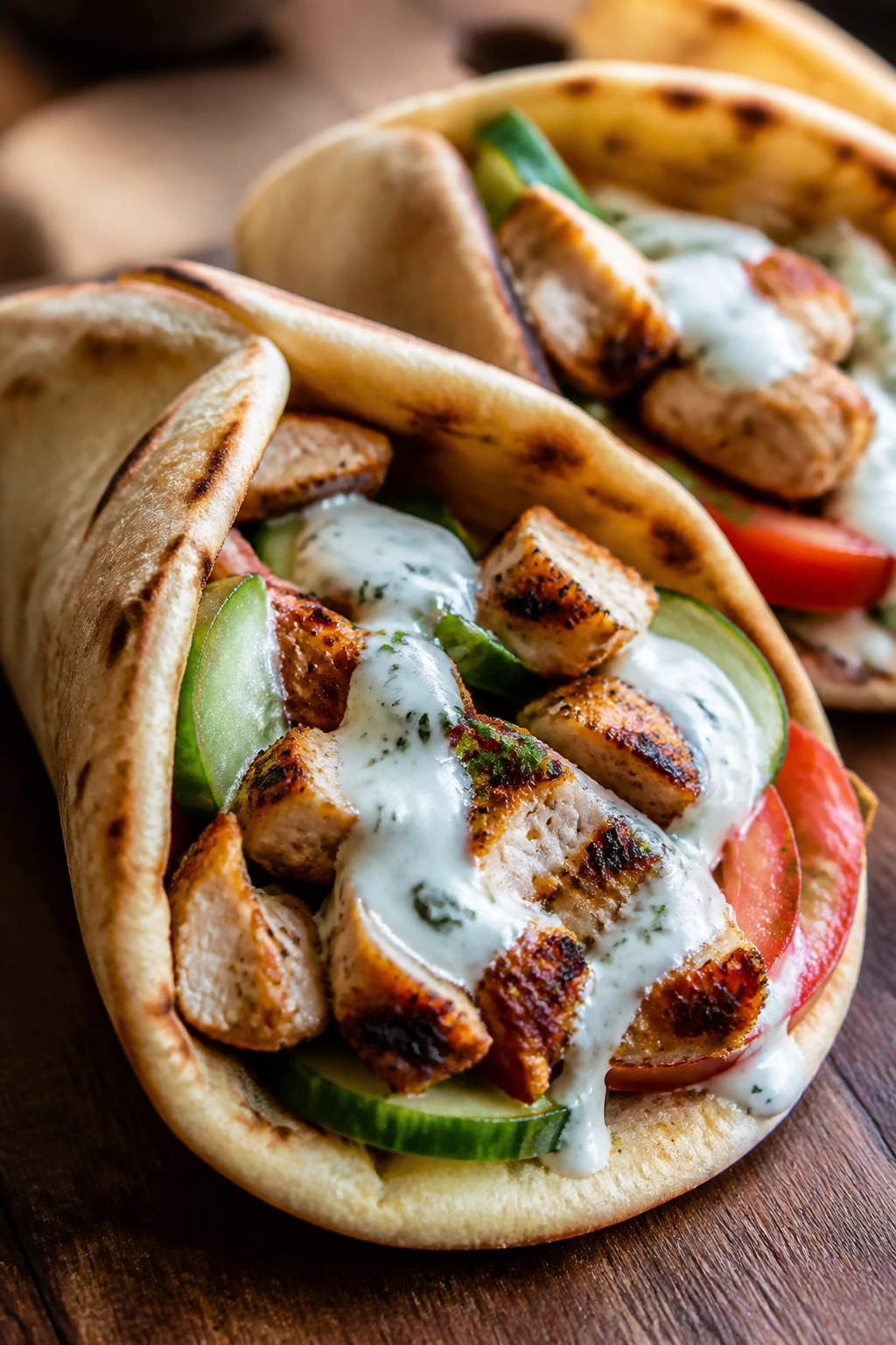 Close-up of chicken shawarma pita with vegetables and yogurt sauce