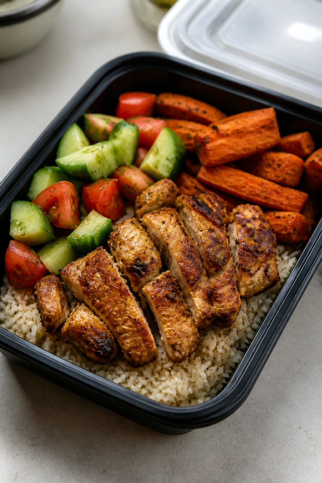 Close-up of Chicken Shawarma Rice Boxes showing spiced chicken and rice with veggies