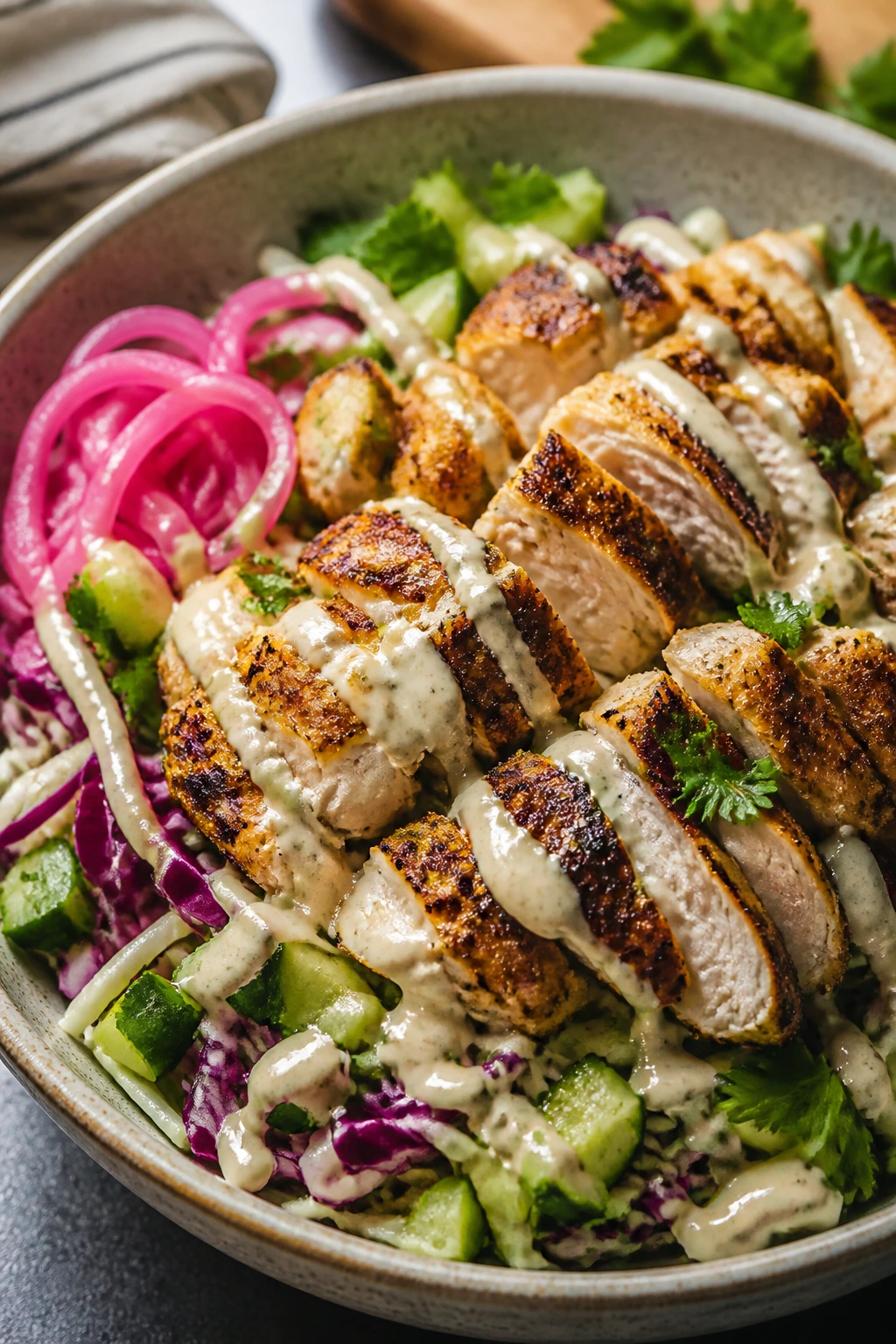 Close-up chicken shawarma salad with tahini dressing and crisp cabbage