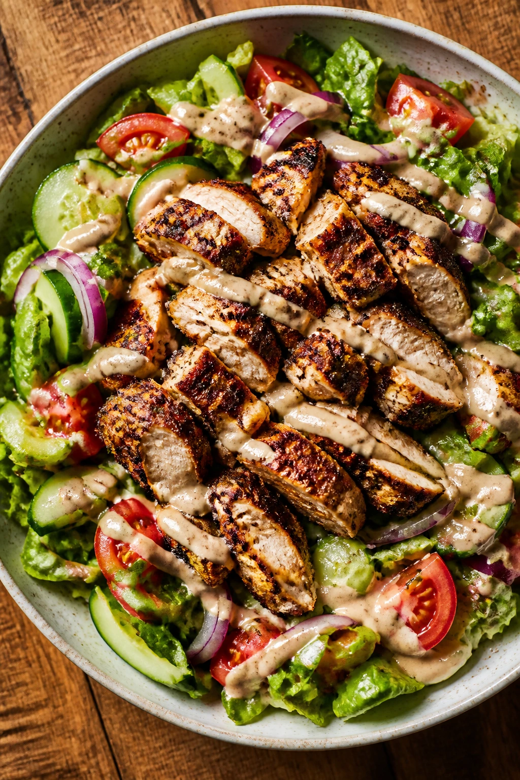 Shawarma-spiced chicken on greens with tahini drizzle