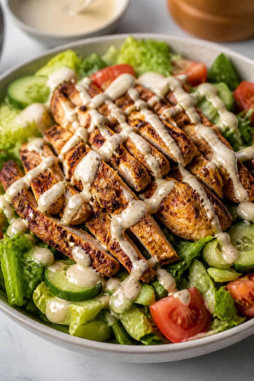 Shawarma chicken salad with tahini drizzle in a bowl