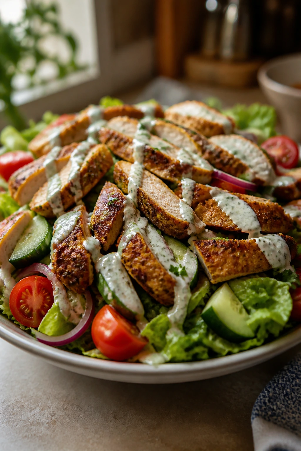 Chicken shawarma salad with yogurt drizzle close-up
