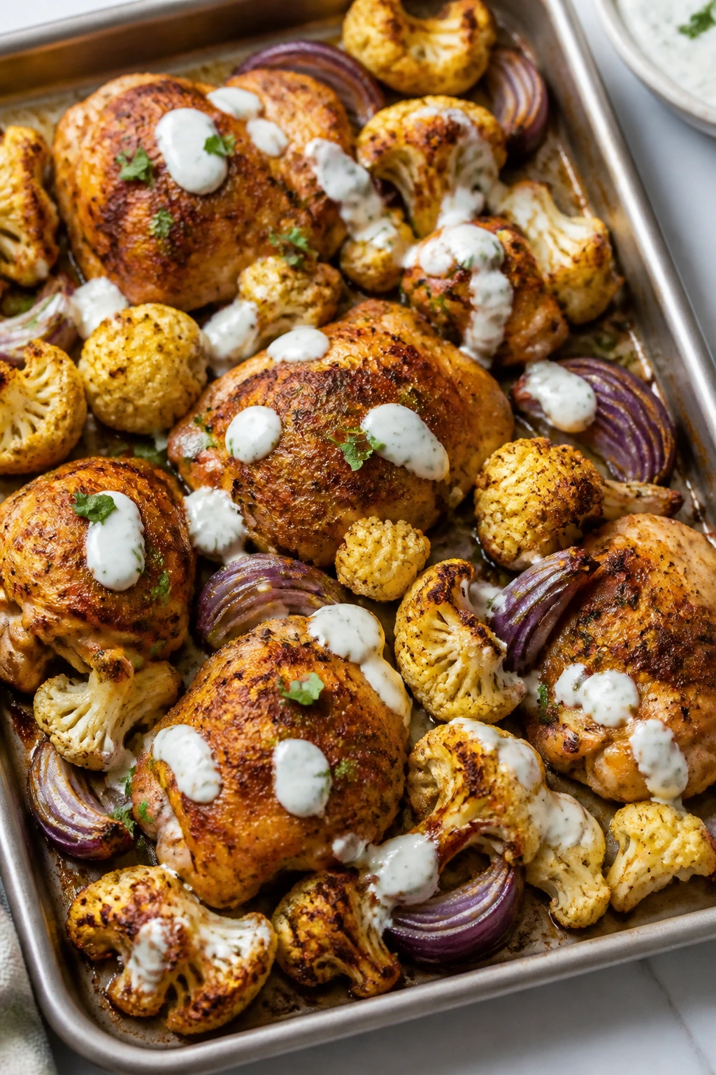 Sheet pan with chicken shawarma and cauliflower