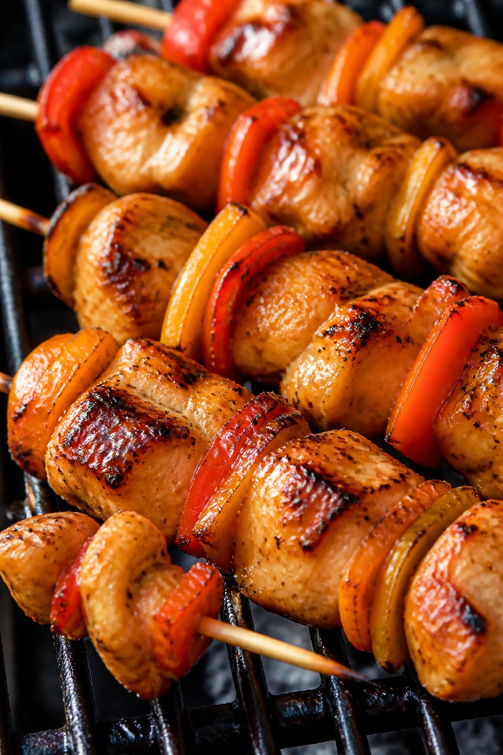 Close-up of apricot-glazed chicken skewers on a grill