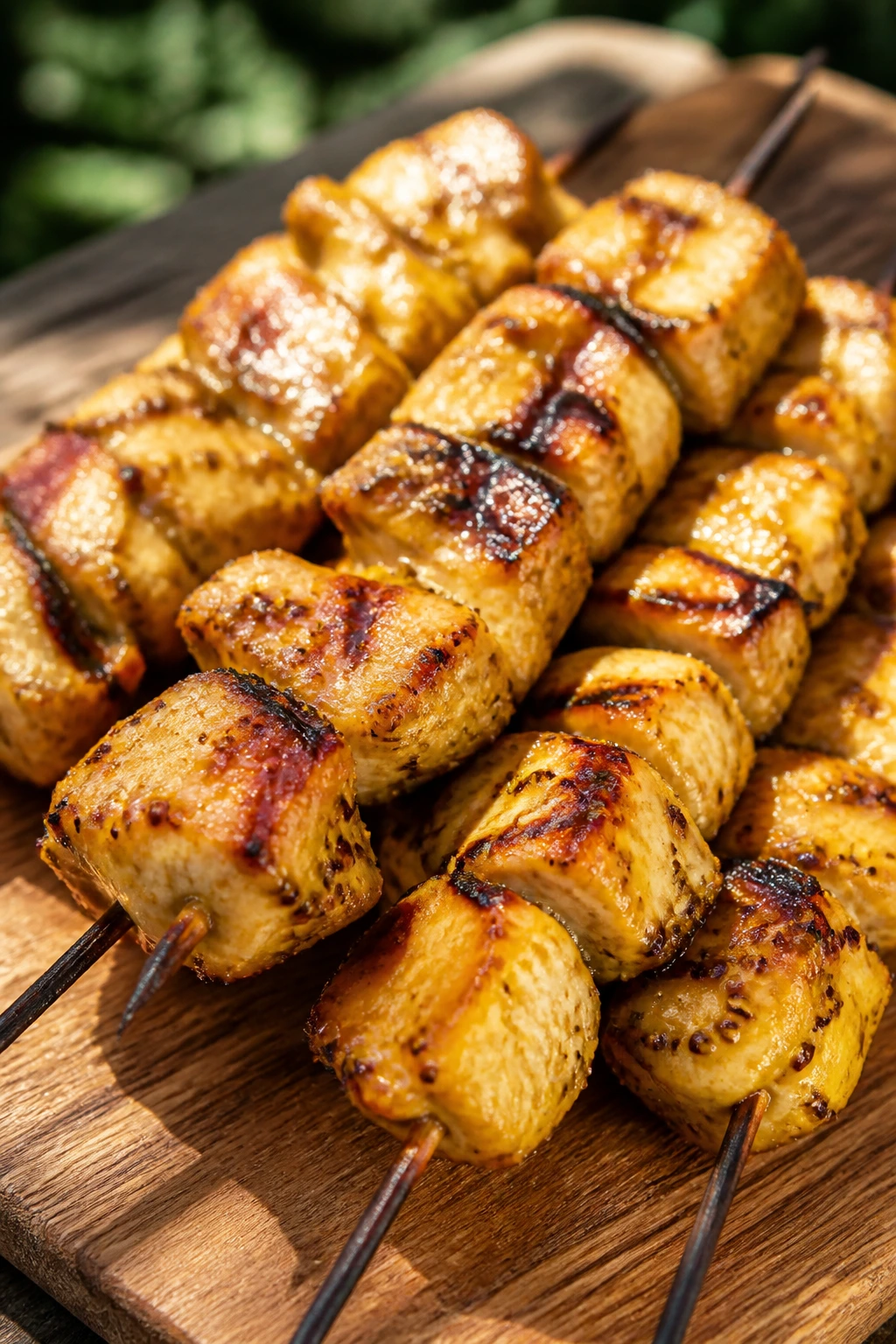 Juicy honey mustard chicken skewers with glaze on a wooden board