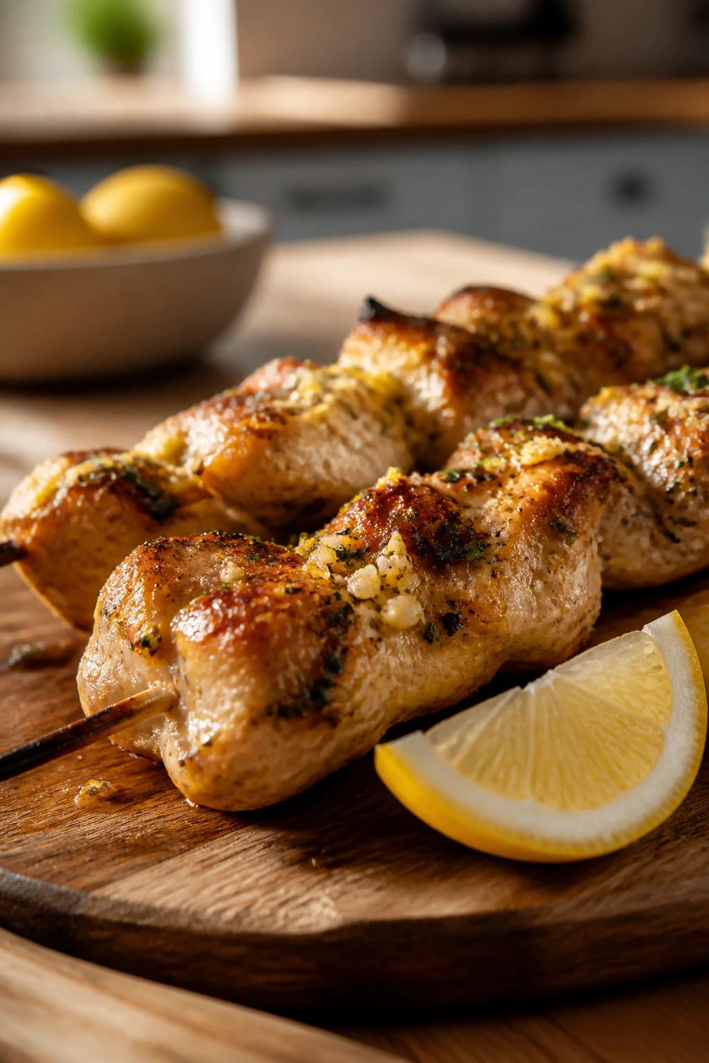Close-up of lemon-garlic chicken skewers on a wooden board