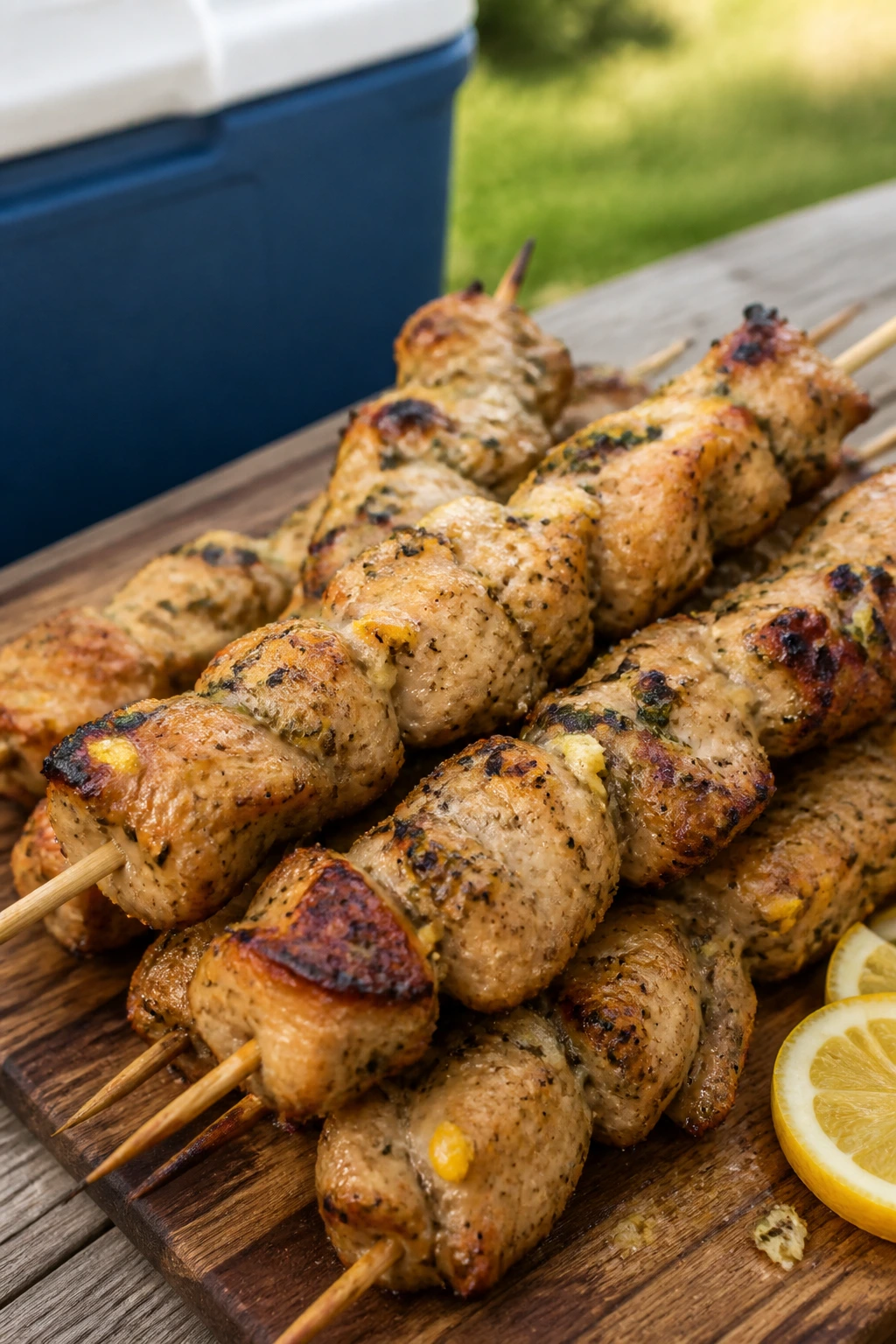Close-up of lemon-garlic chicken skewers on a rustic board outdoors
