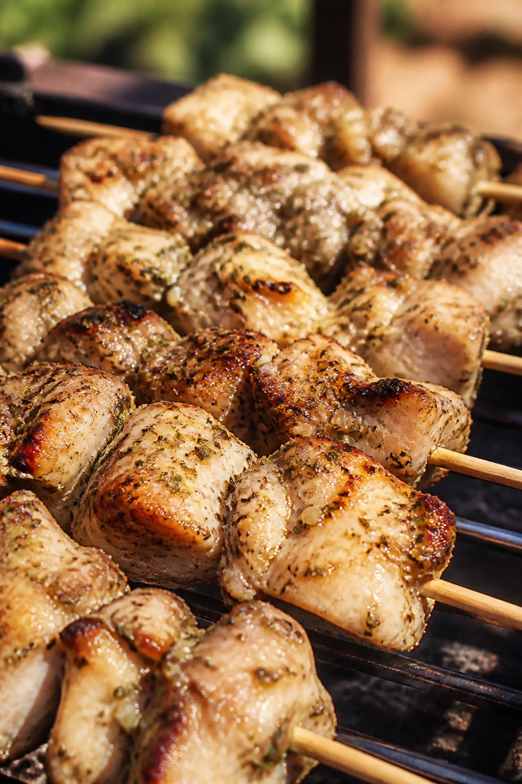 Chicken thigh skewers with oregano on grill