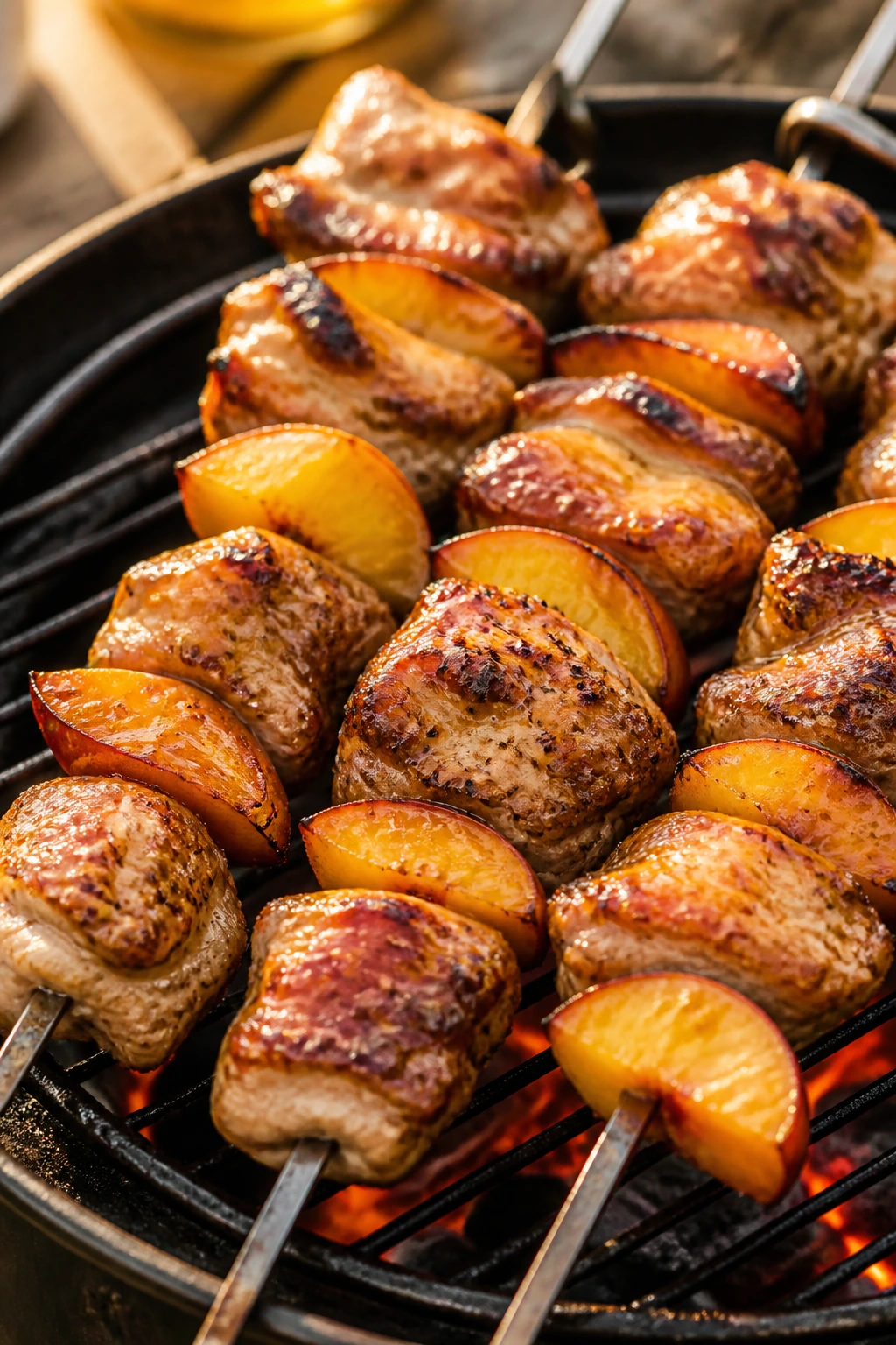 Honey mustard chicken and peach skewers on grill with glaze
