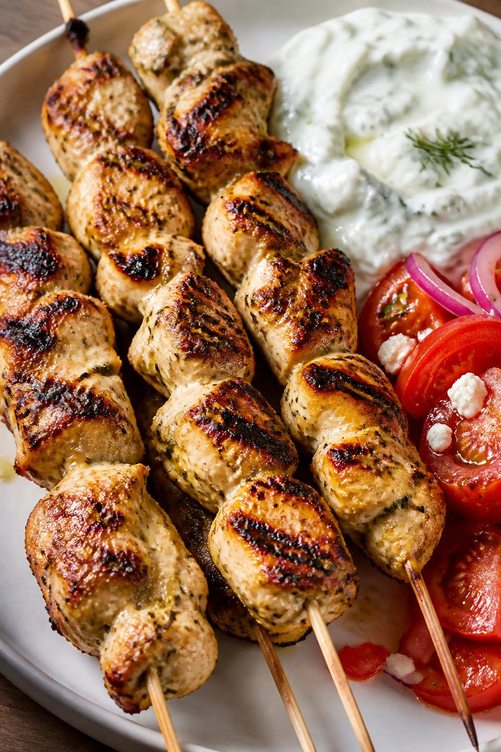 Close-up of chicken skewers with tzatziki and tomato salad.