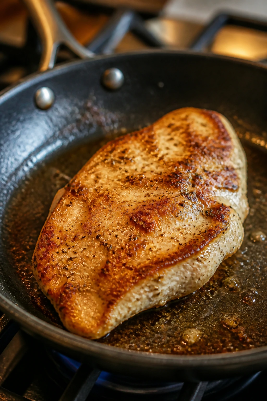 Close-up of browning chicken breast in skillet on stove
