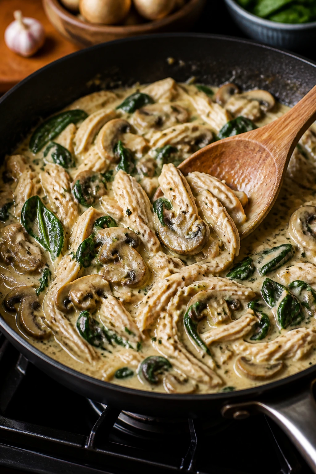 Creamy chicken skillet with mushrooms and spinach on a stove