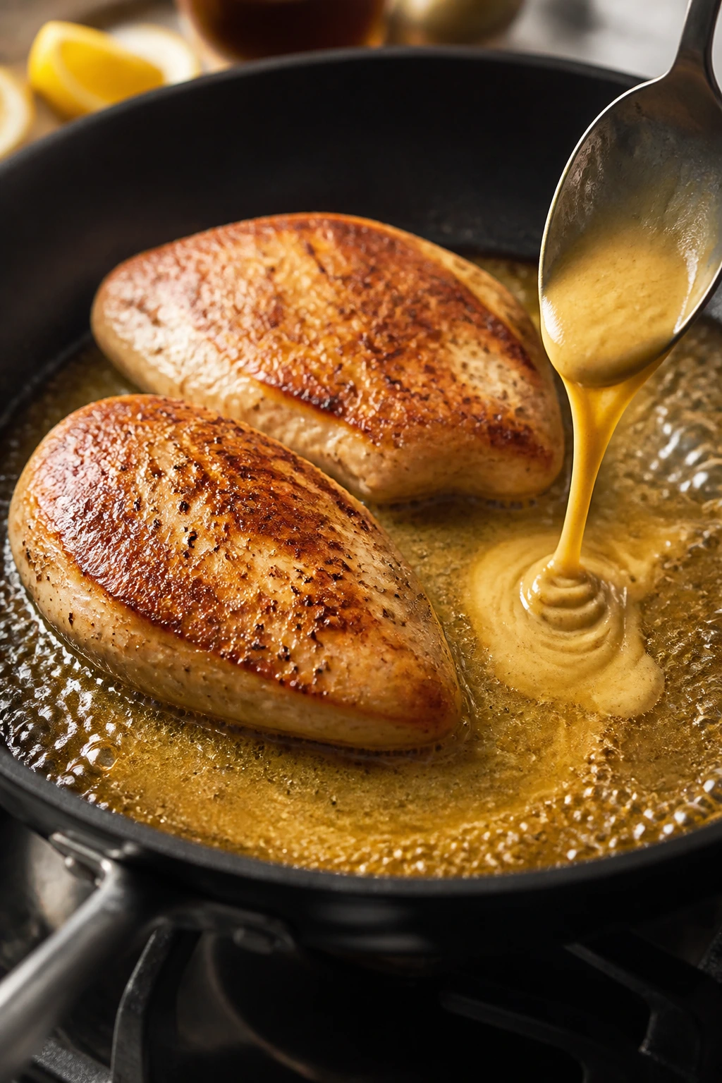 Chicken in skillet with Dijon mustard in pan