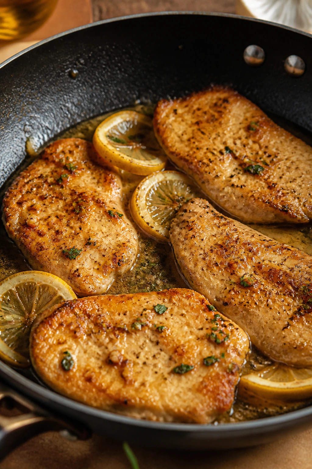 Close-up of thin chicken cutlets browning in a skillet with lemon-garlic sauce