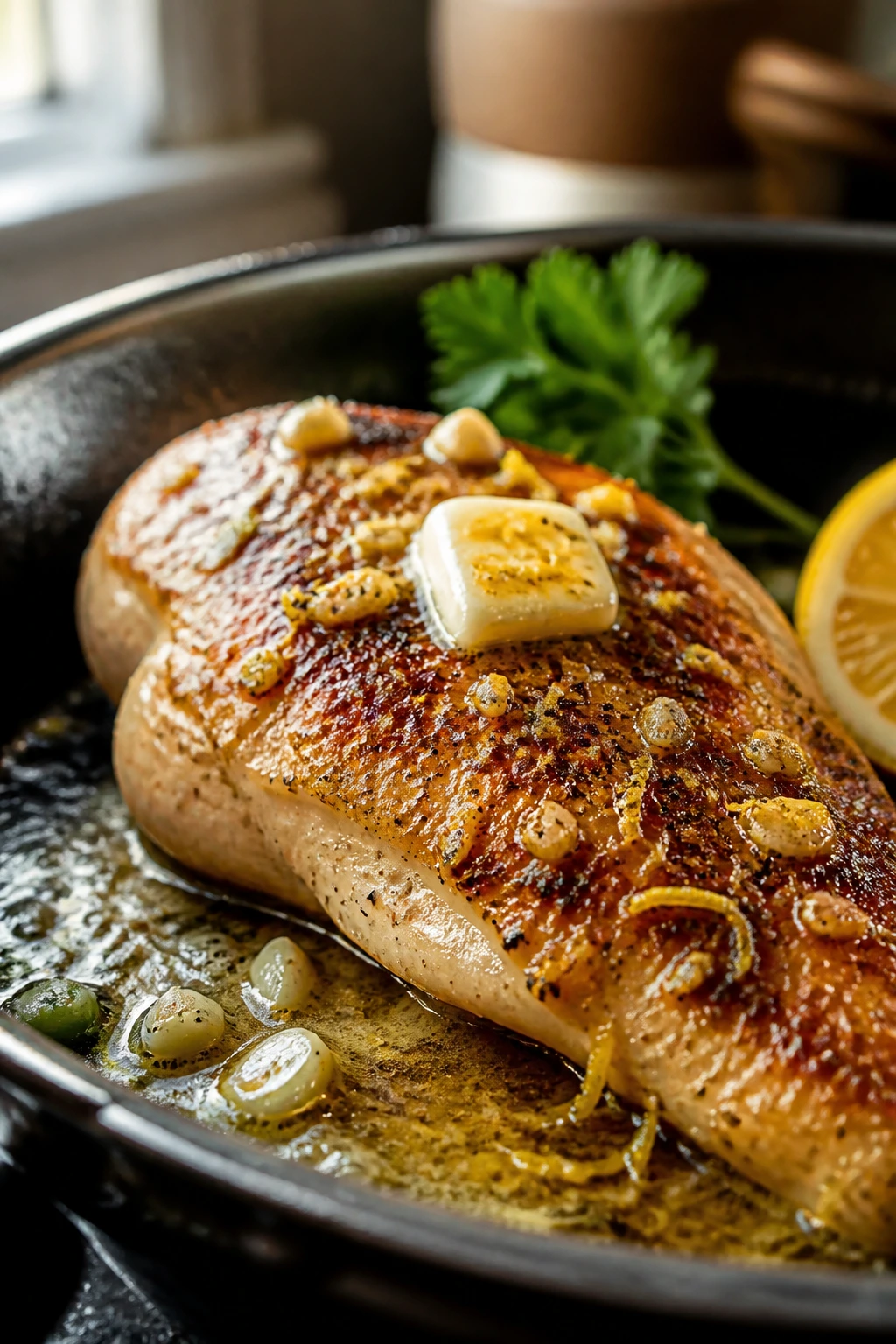 Close-up of chicken breast browning in a skillet with lemon and garlic in a warm kitchen