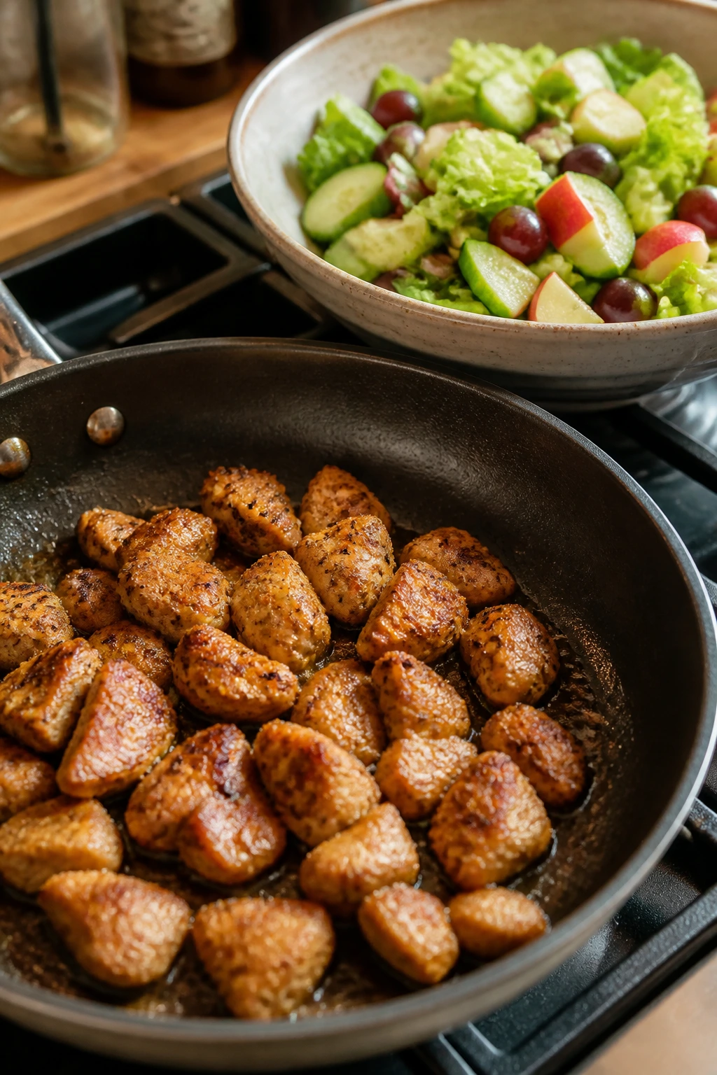 Browned chicken in a skillet transitioning toward a crisp salad bowl in a warm kitchen