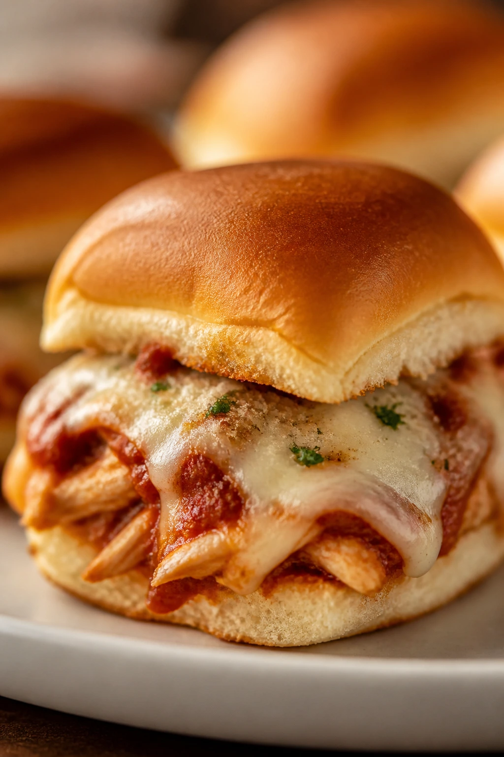 Close-up of a baked chicken parmesan slider with marinara and melted cheese.