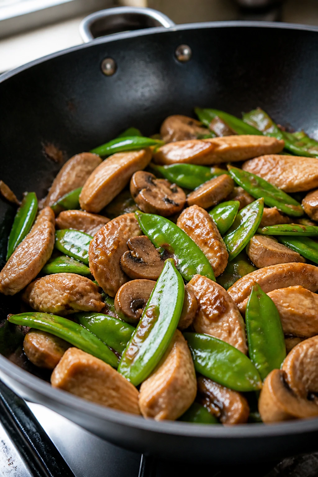 Close-up chicken with snow peas and mushrooms in sauce