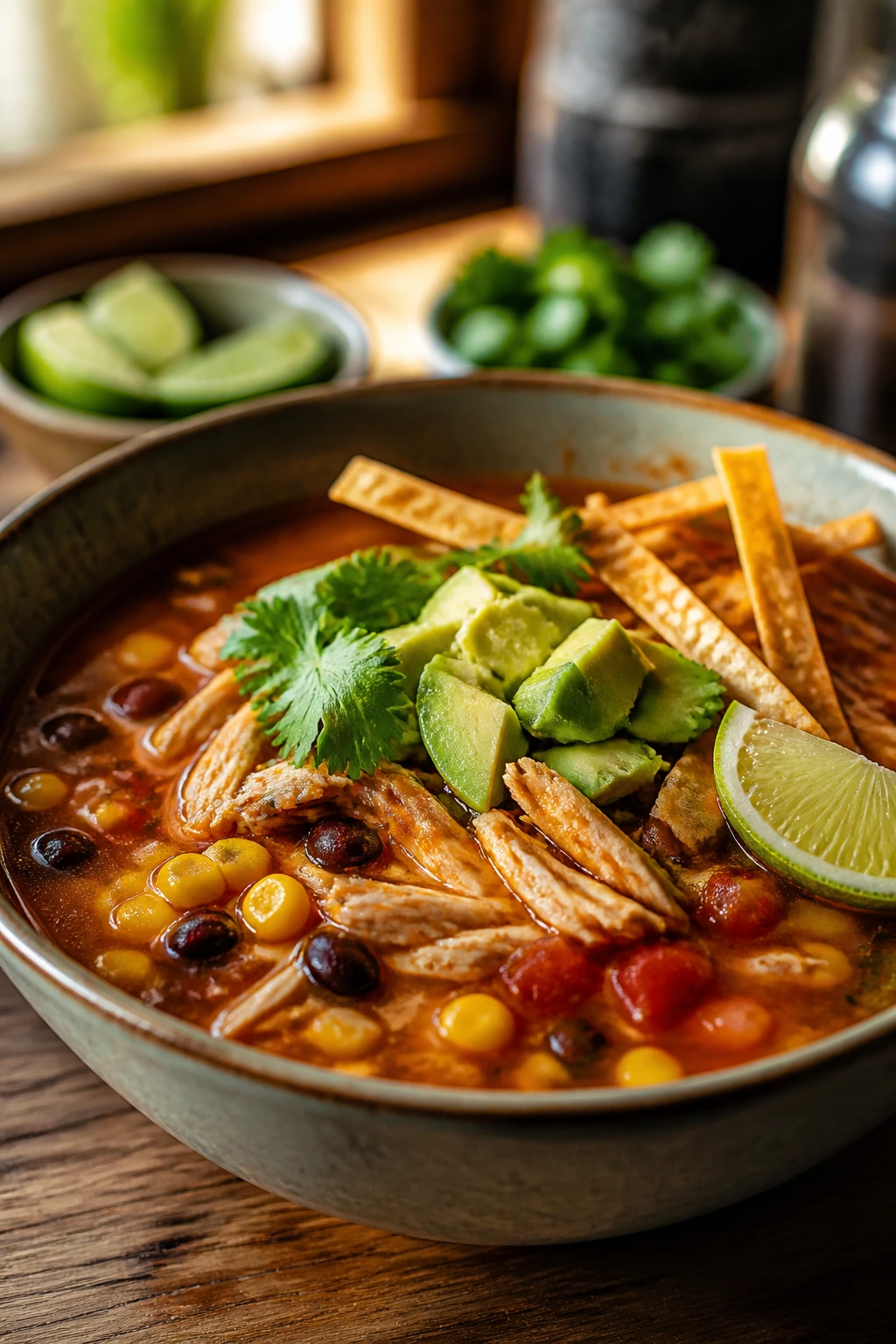 Close-up of hearty chicken tortilla soup with beans and corn in a rustic bowl with tortilla strips and avocado