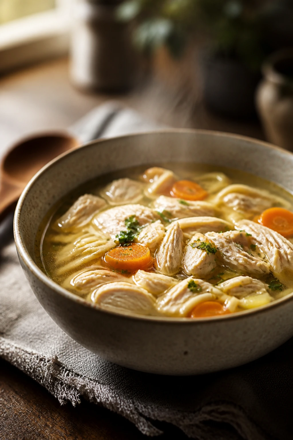Steaming bowl of chicken noodle soup in broth