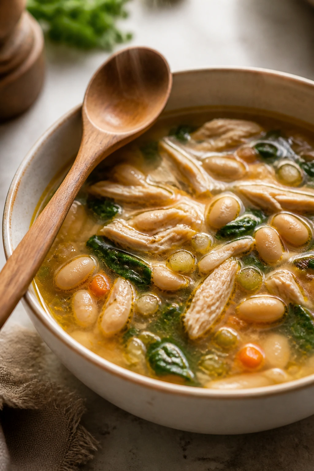 Soup with chicken and cannellini beans in a bowl, steam rising