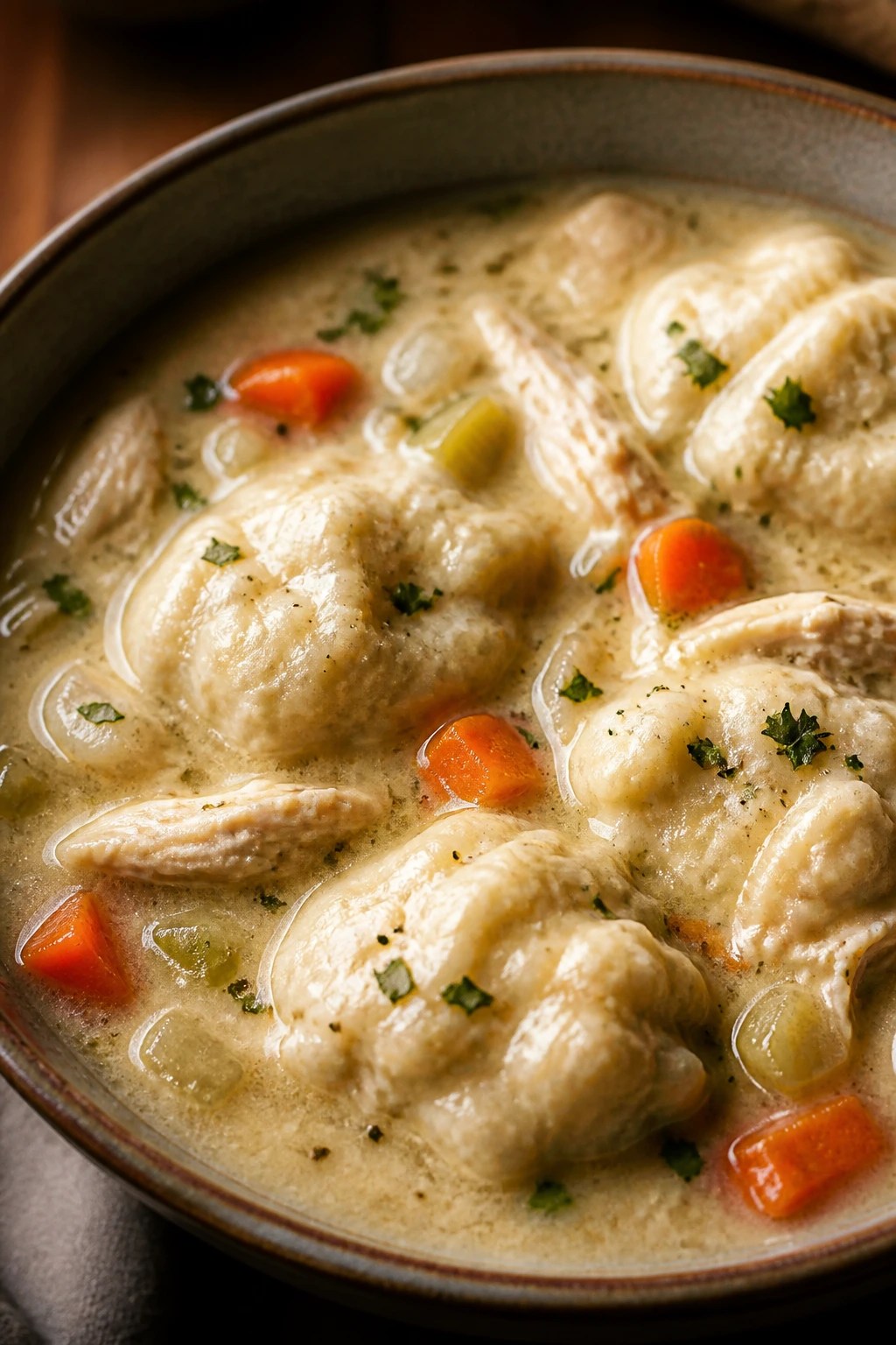 Creamy chicken and dumpling soup in a cozy kitchen