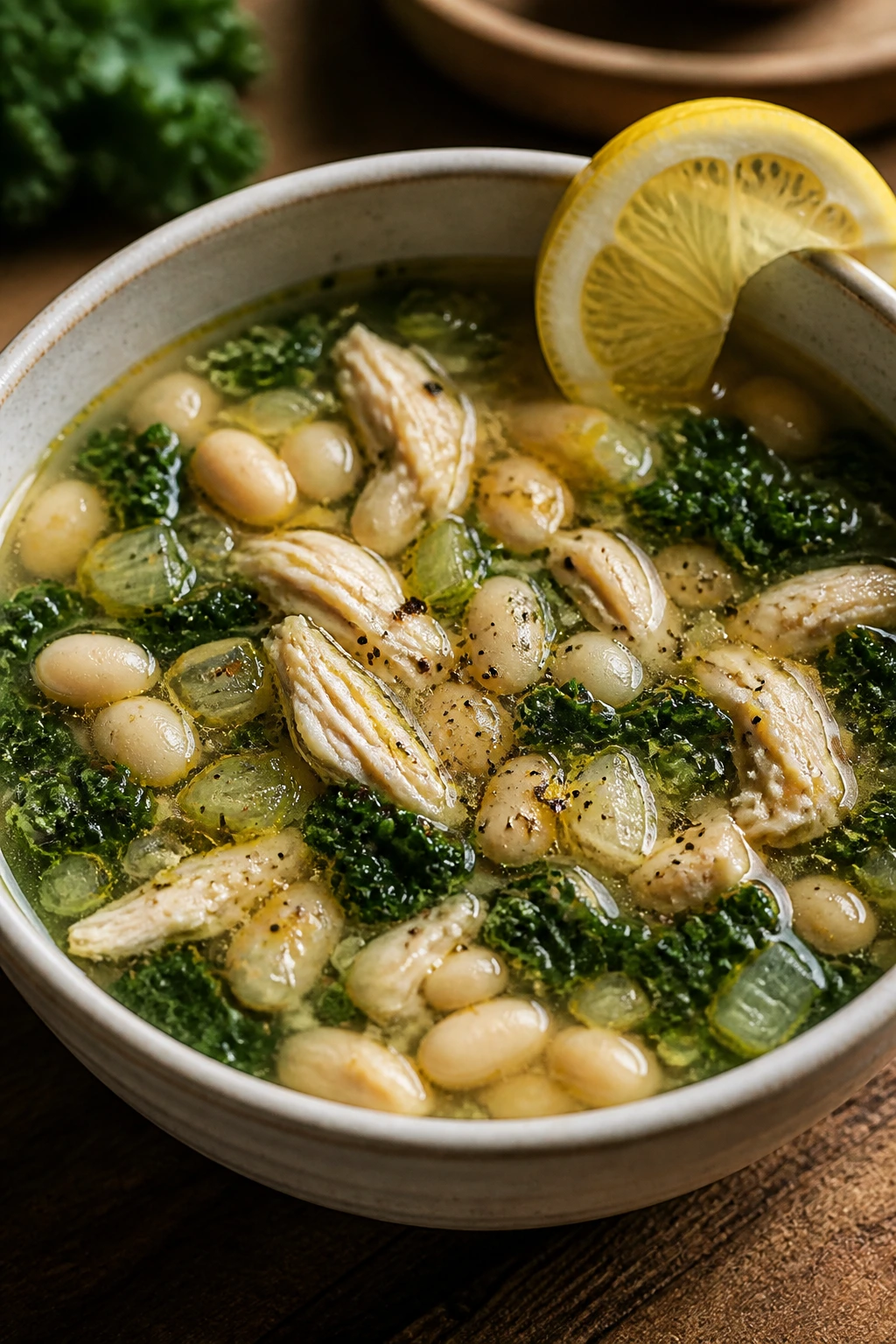 Steaming bowl of white bean chicken soup with kale and lemon