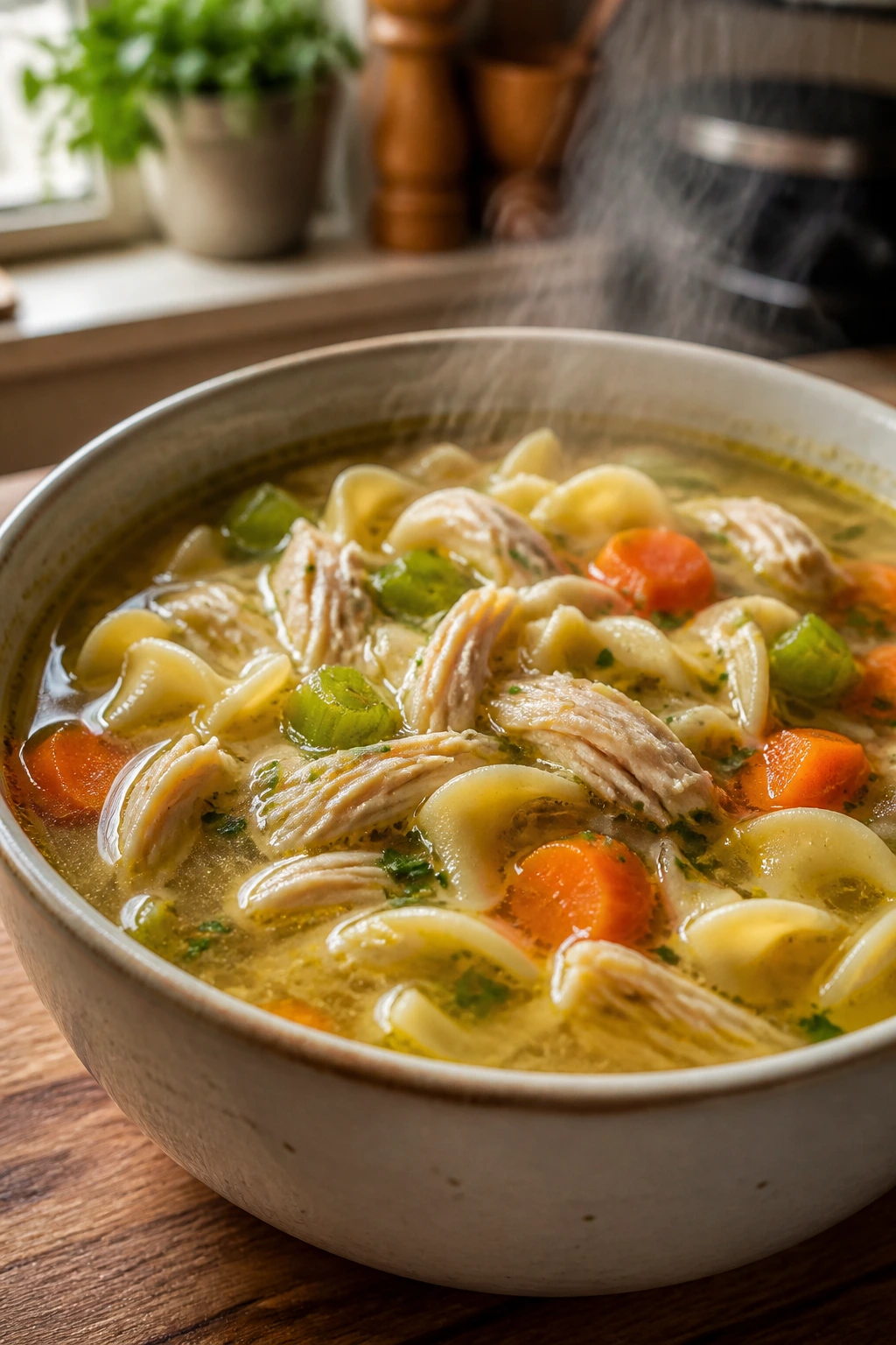 Close-up of classic chicken noodle soup in a bowl with noodles, chicken, carrots, and celery.