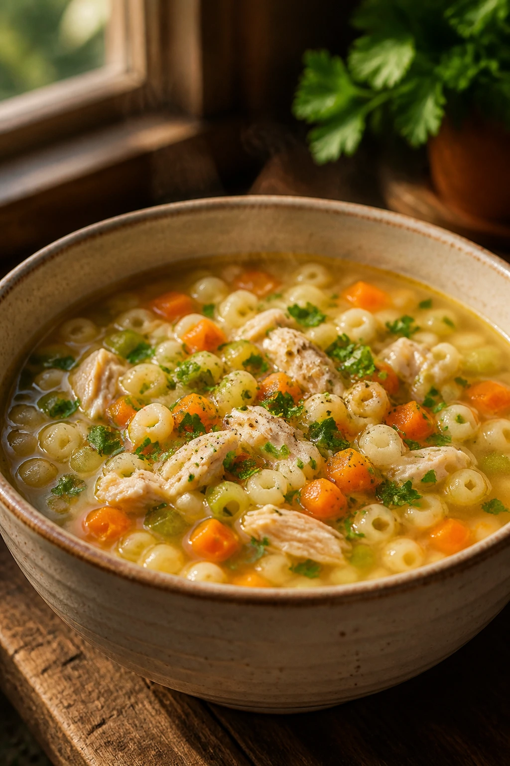 Steaming bowl of chicken veggie soup with tiny pasta