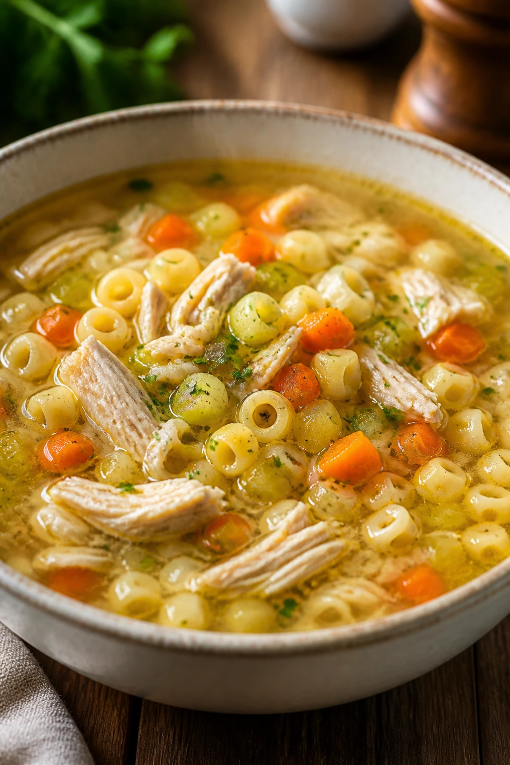 Bowl of chicken veggie pasta soup in a rustic setting