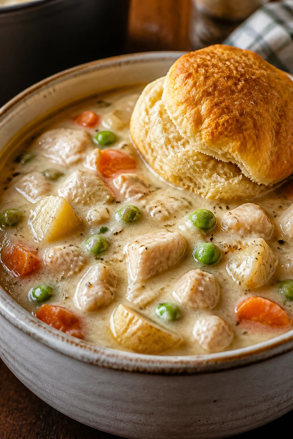 Close-up of chicken pot pie soup with a biscuit on top in a cozy kitchen