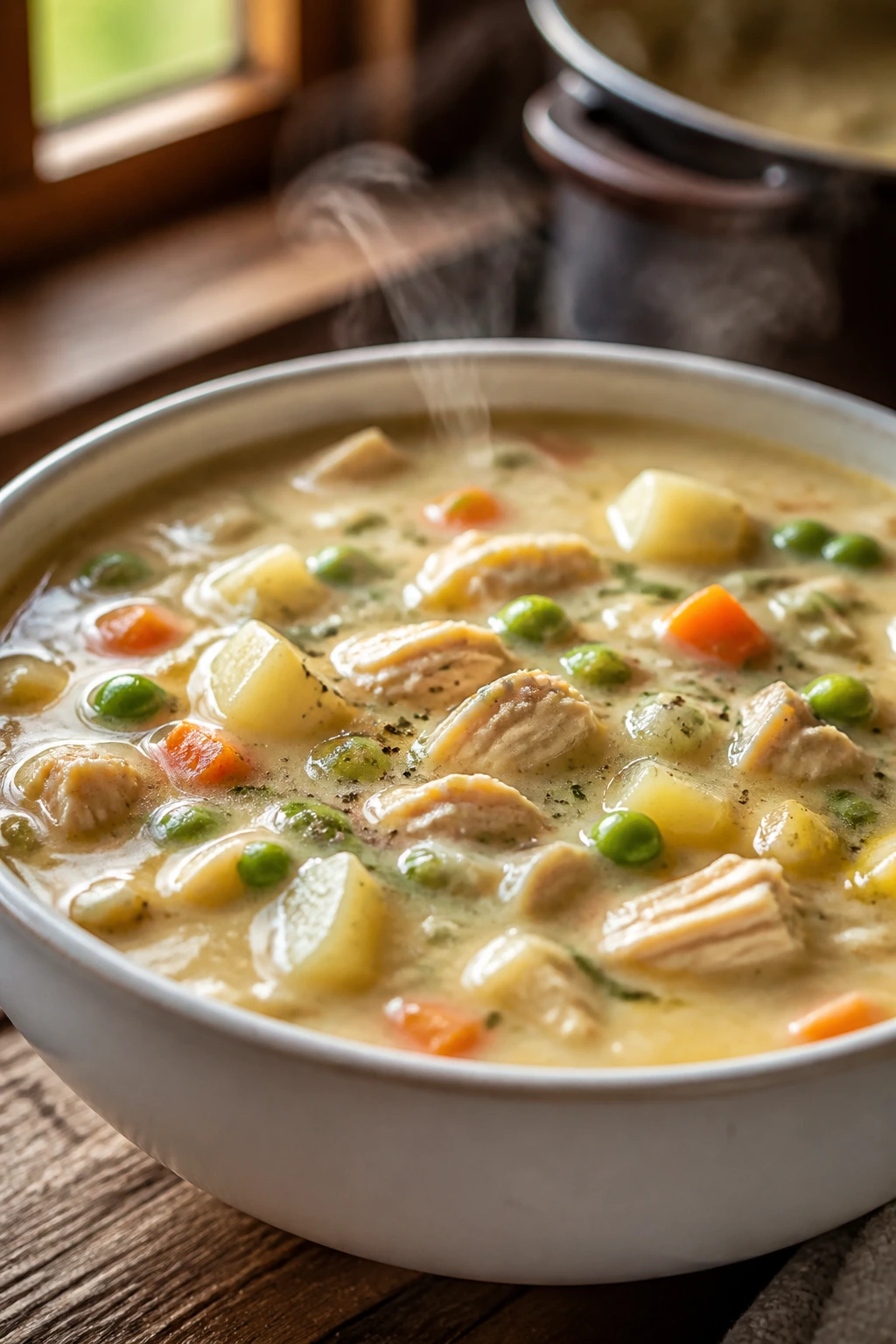 Creamy chicken pot pie soup in a bowl with vegetables, steam rising