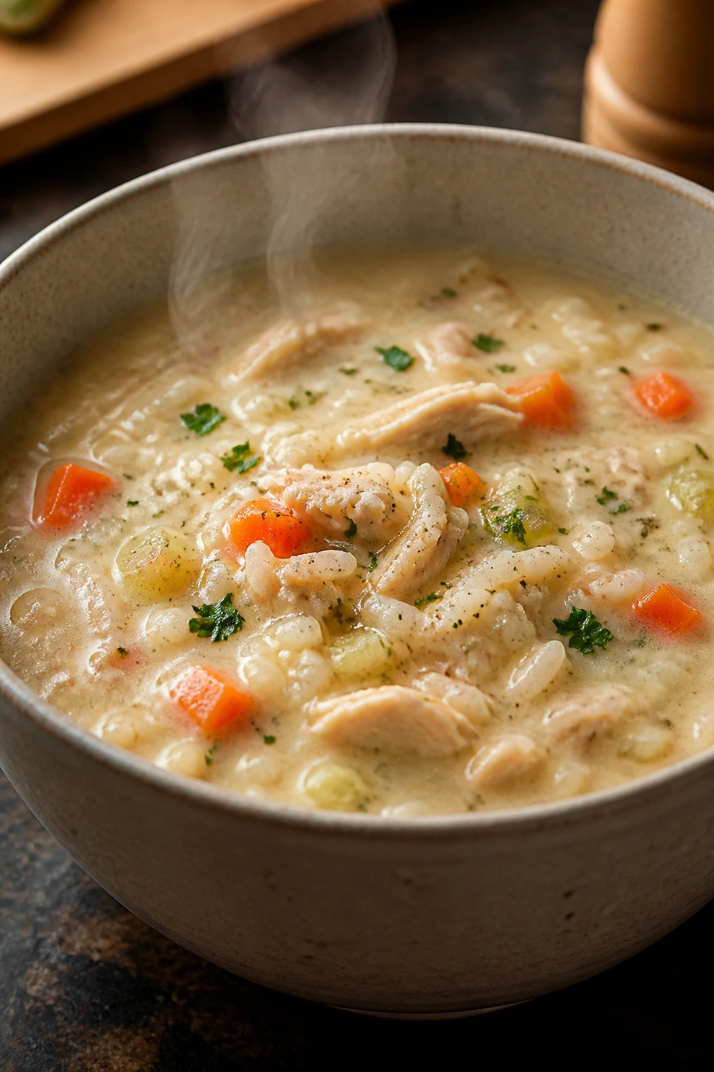 Steaming bowl of creamy chicken and rice soup with chicken and rice