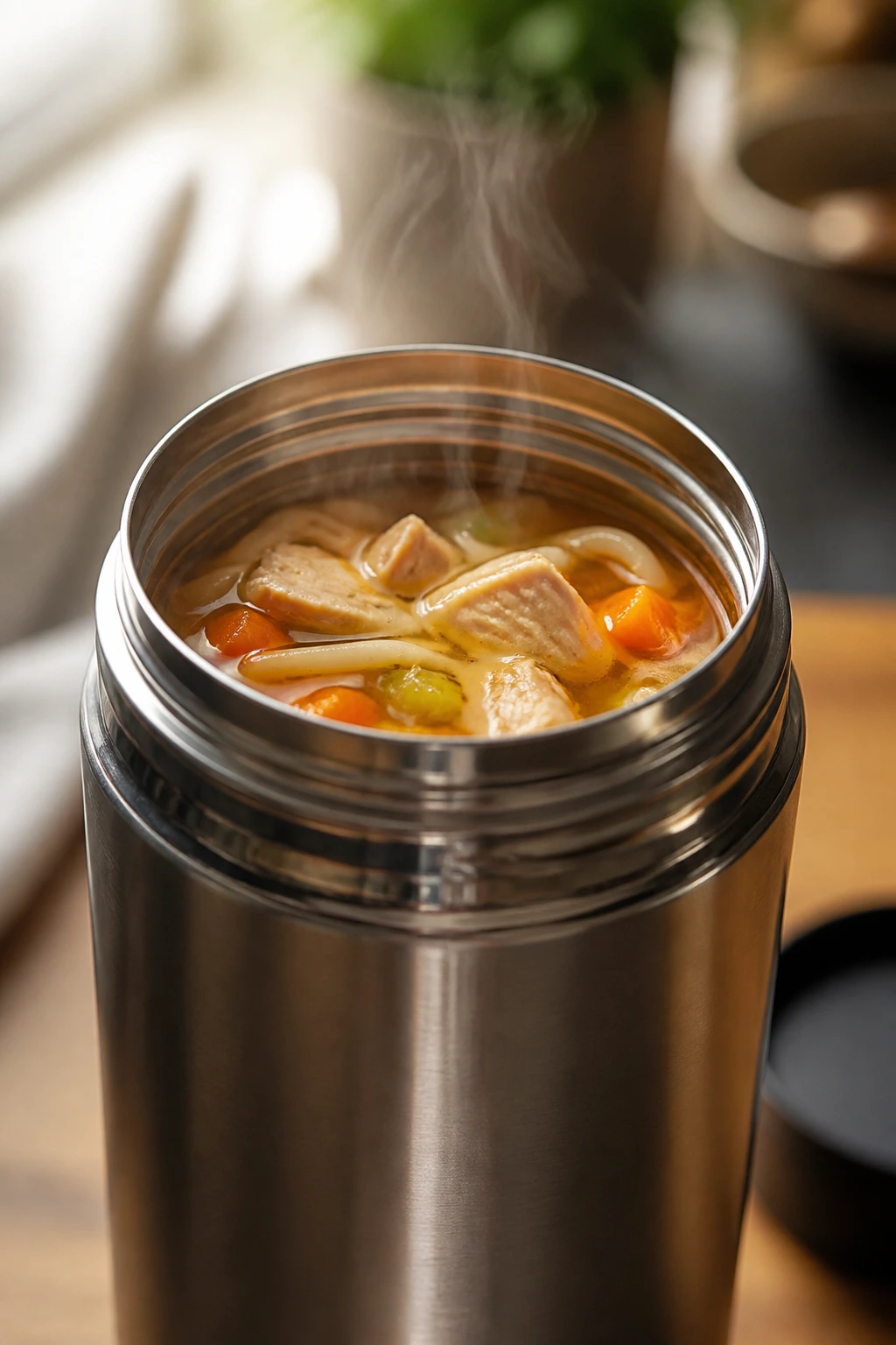 Close-up of a steaming chicken noodle soup thermos in a warm kitchen
