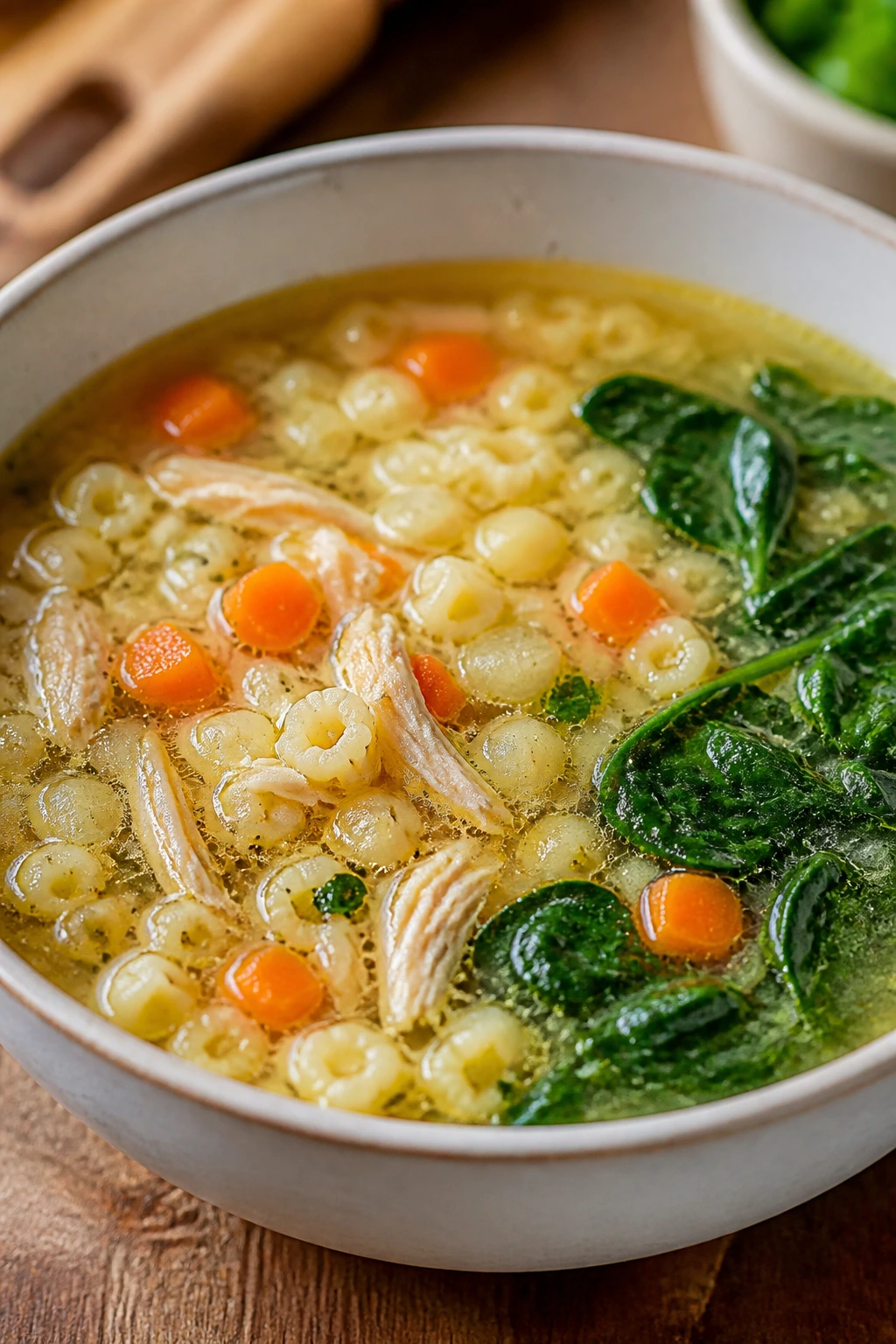 Close-up of a steaming chicken soup with tiny pasta and spinach