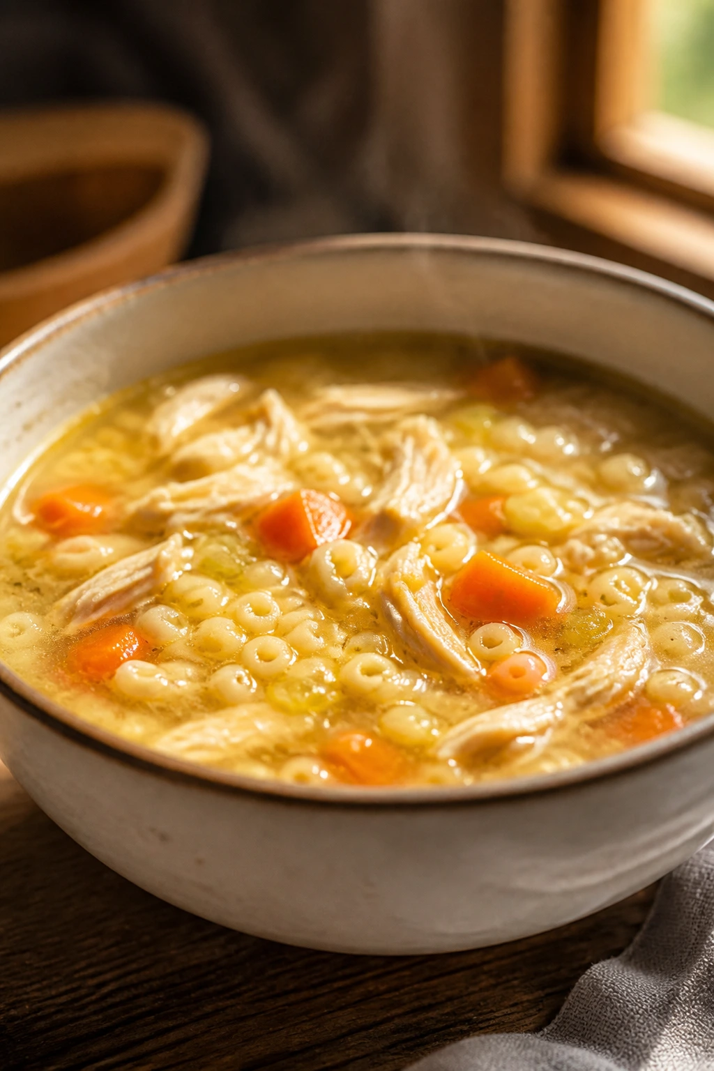 Close-up of chicken noodle soup with tiny pasta in a bowl on a warm kitchen counter
