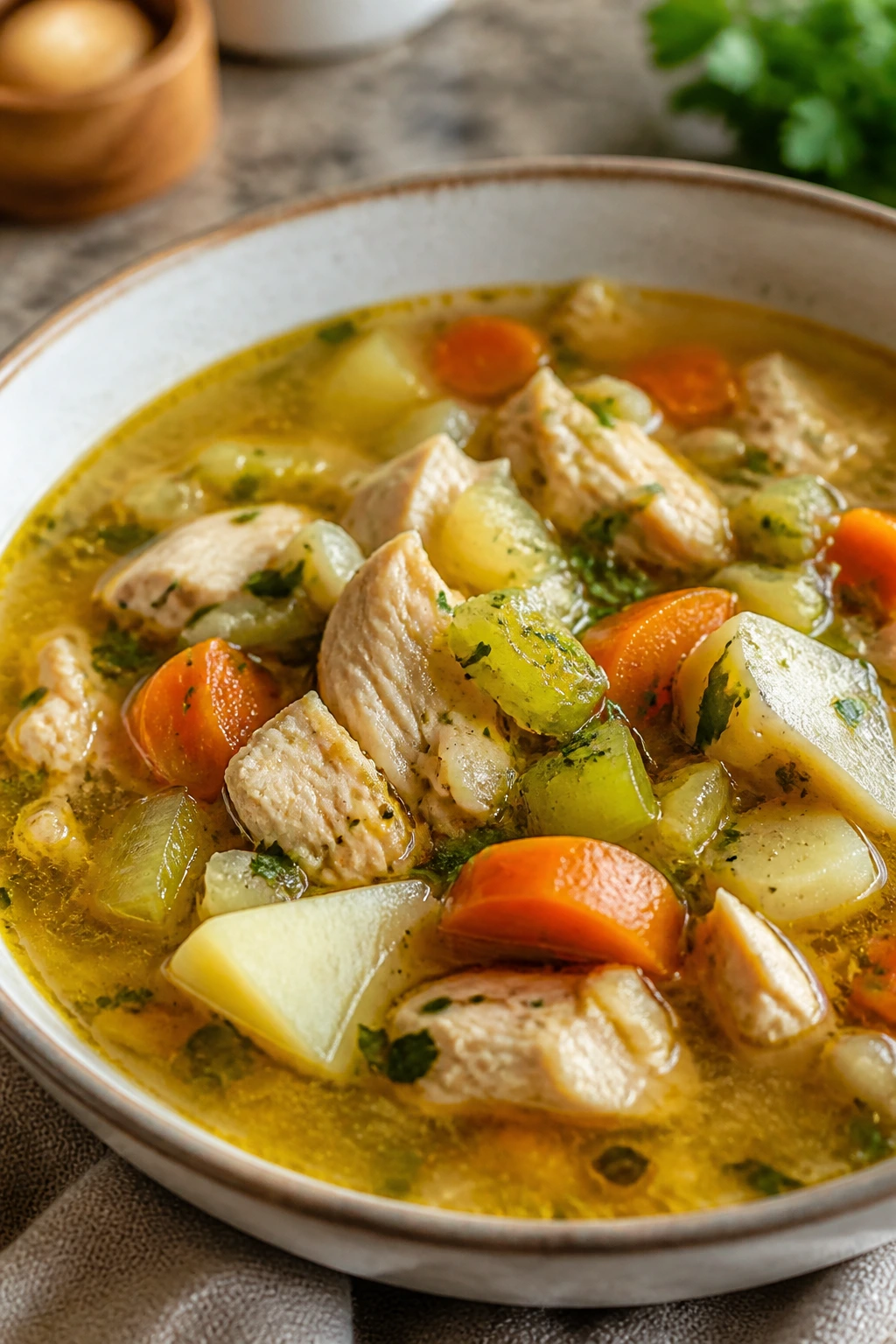 Close-up of a steaming bowl of chicken vegetable soup with tender chicken and chunky vegetables