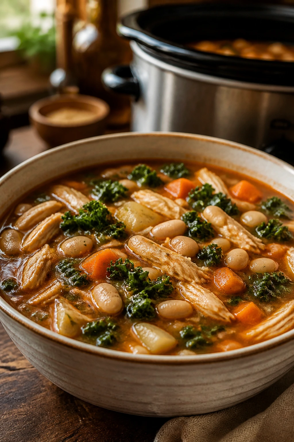 Bowl of chicken white bean kale soup with beans and greens in a cozy kitchen