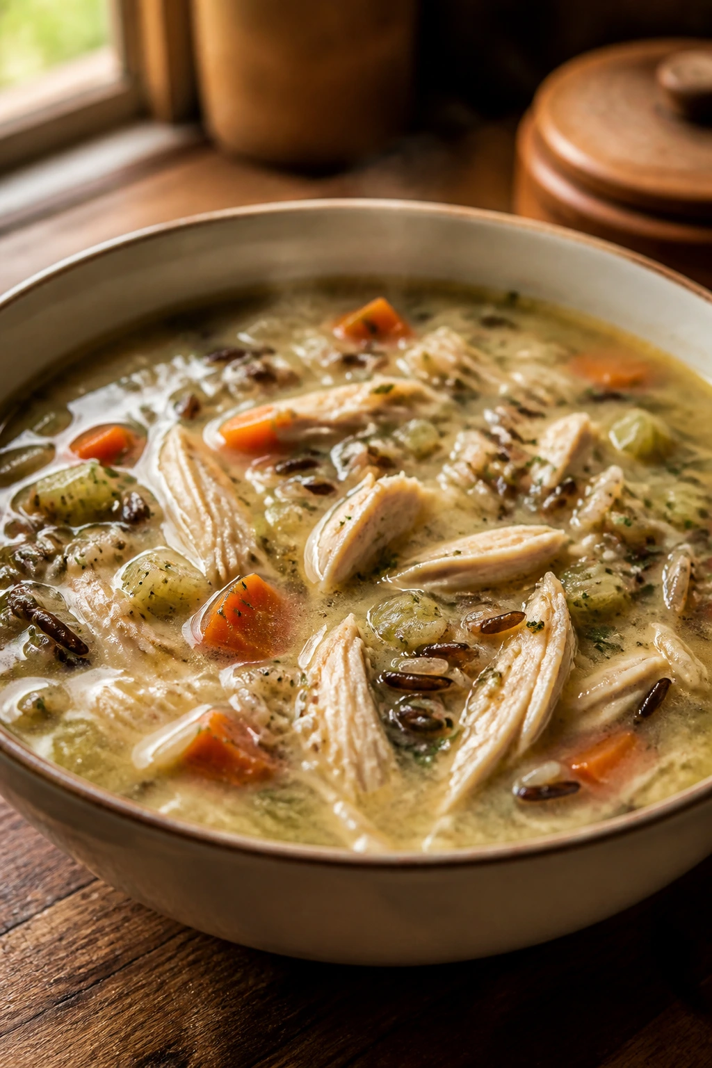 Close-up of chicken and wild rice soup in a bowl