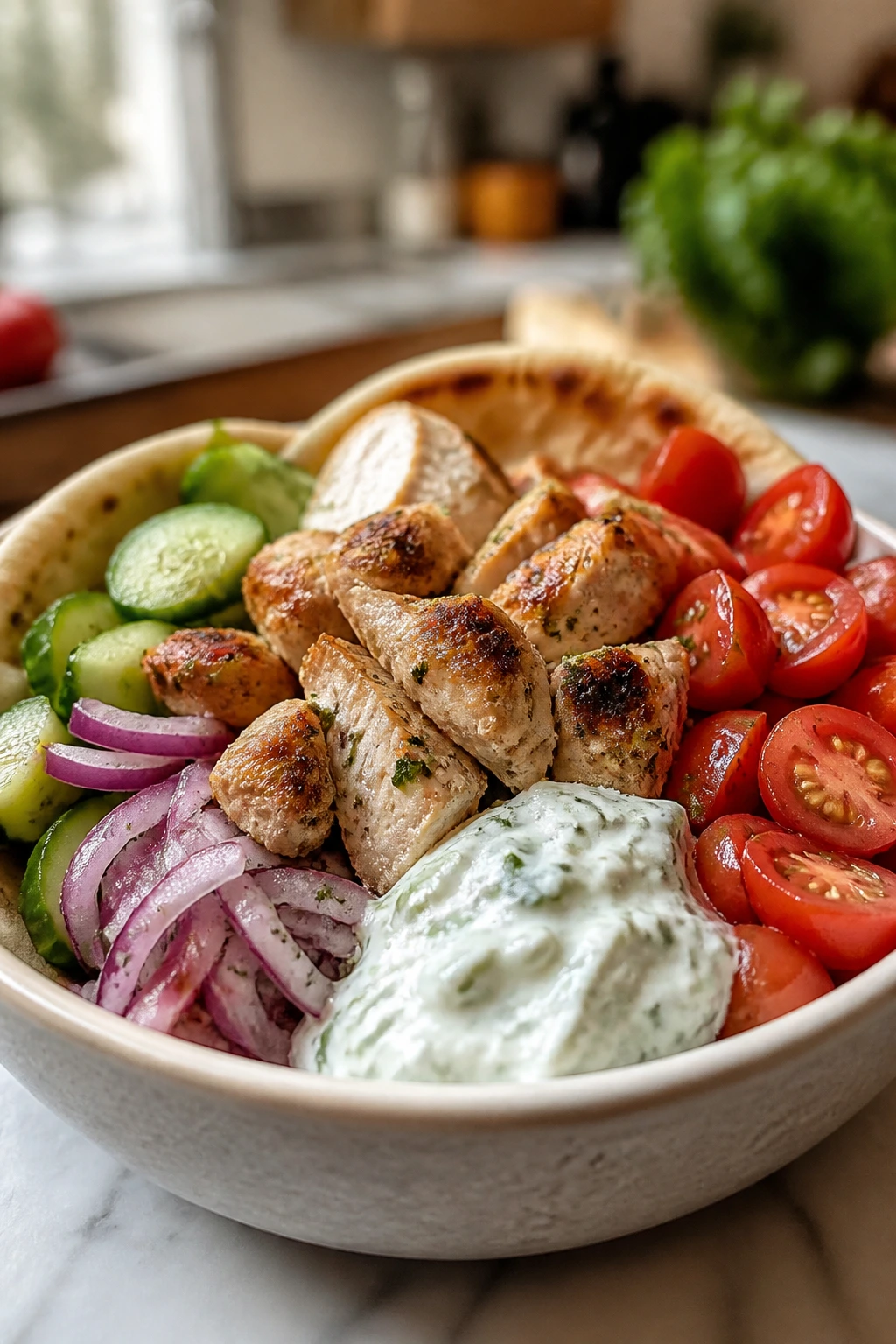 Chicken souvlaki bowl with cucumber, tomato, tzatziki