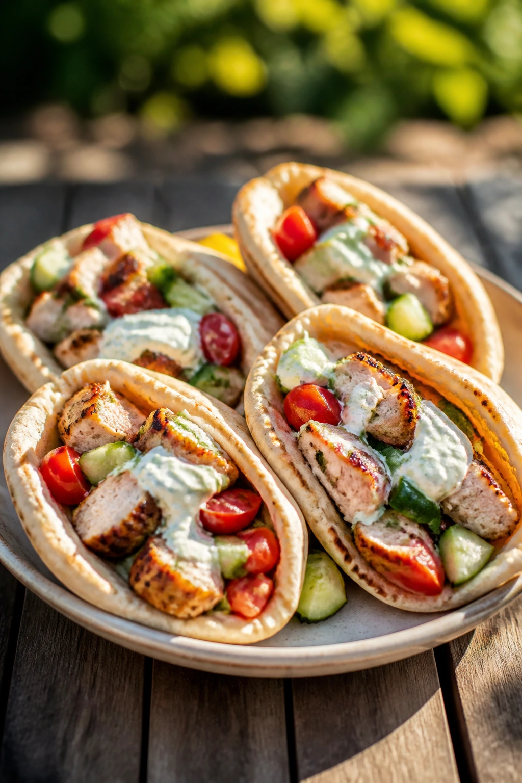 Pita bites with lemon-garlic chicken and yogurt sauce