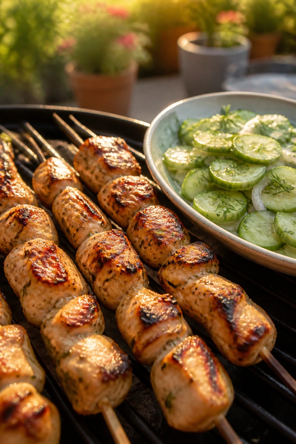Close-up of chicken souvlaki skewers with cucumber-dill salad.