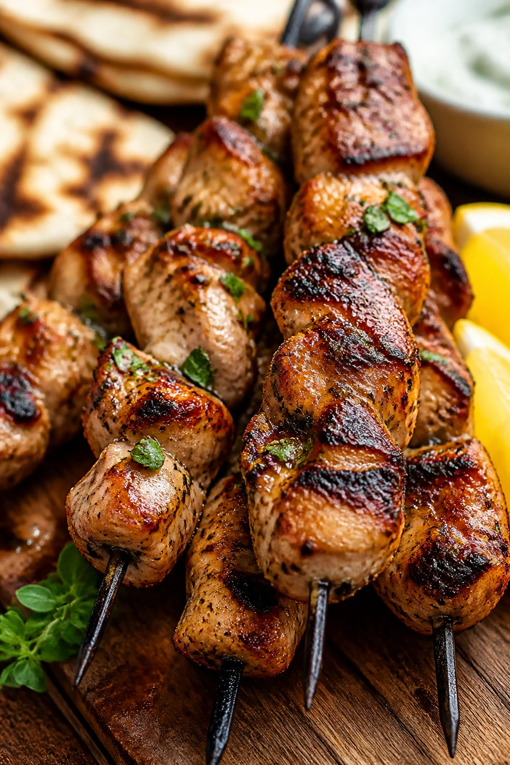 Close-up of grilled chicken souvlaki skewers on a wooden board