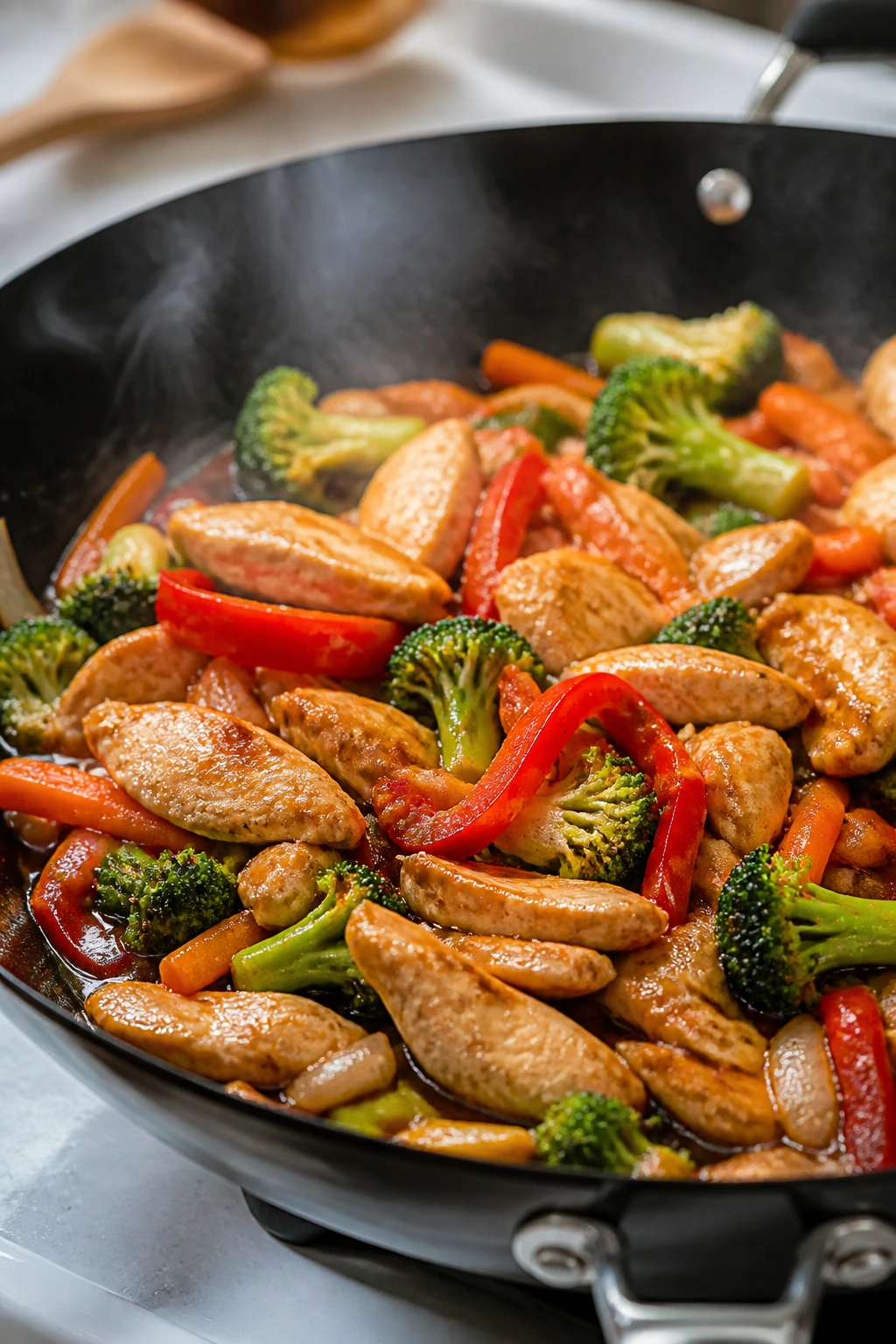 Sizzling chicken and vegetables stir-fry in a glossy sauce in a pan