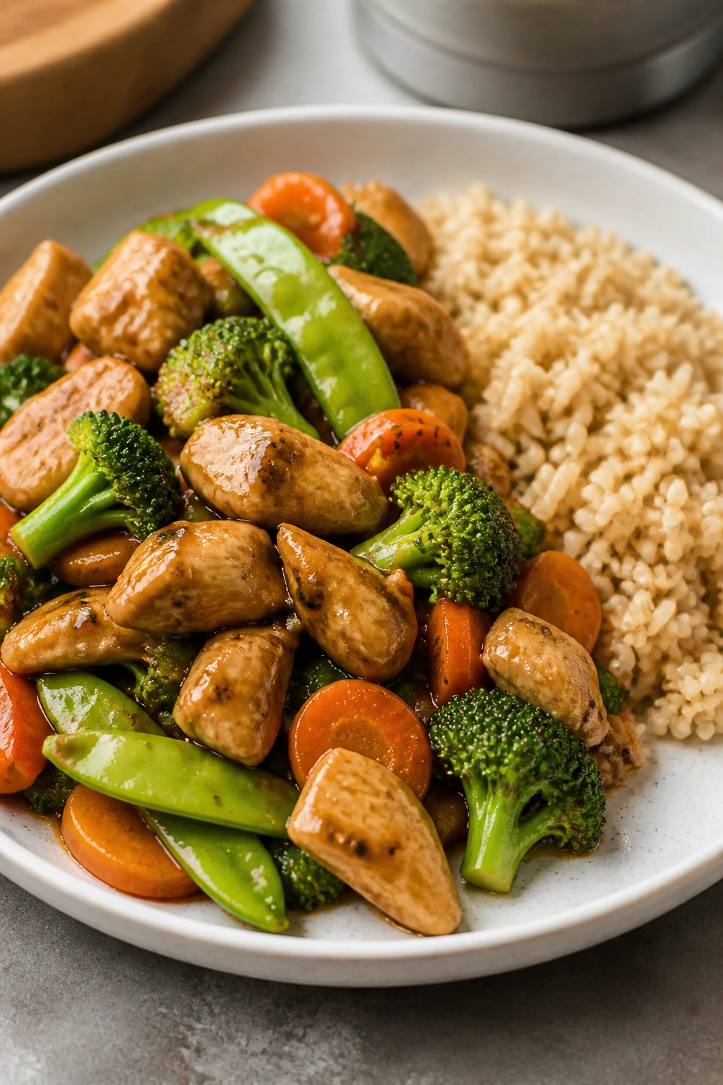 Chicken veggie stir-fry with brown rice