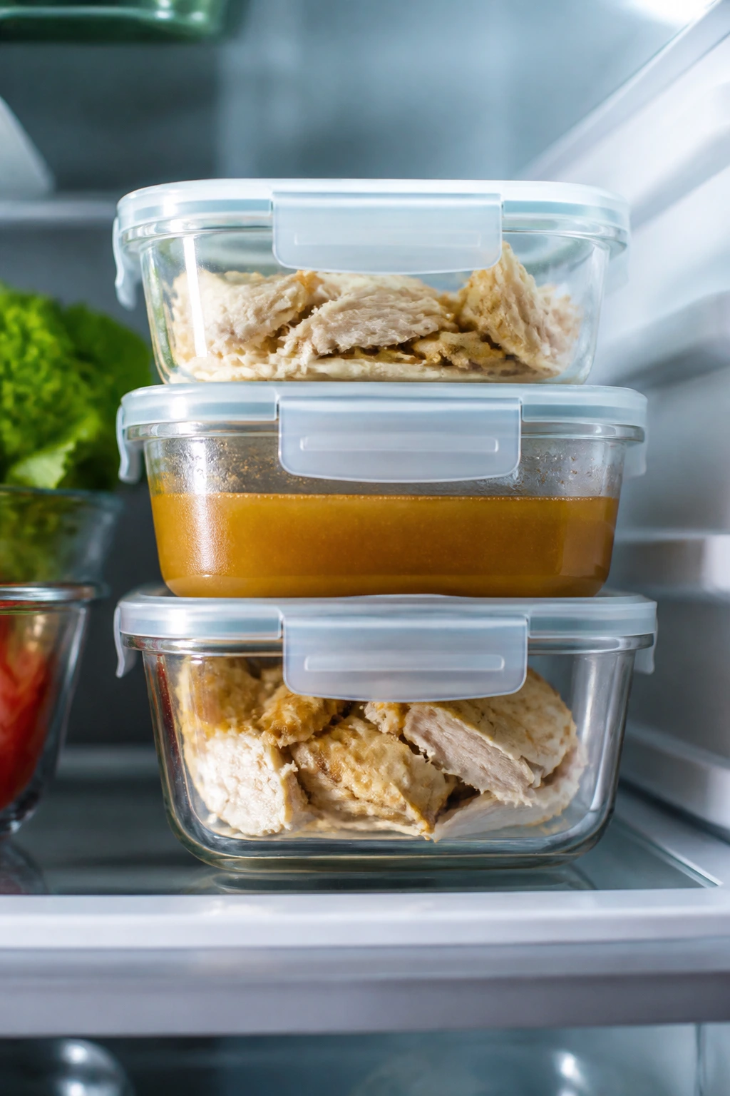 Containers of cooked chicken stored properly in a refrigerator