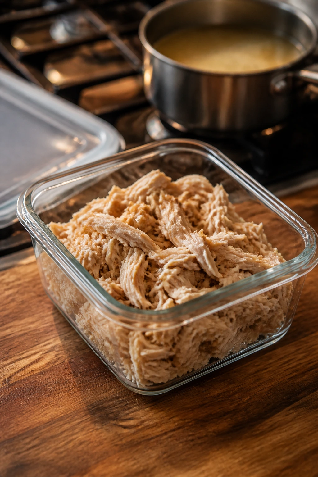 Glass storage container with cooked chicken for make-ahead storage